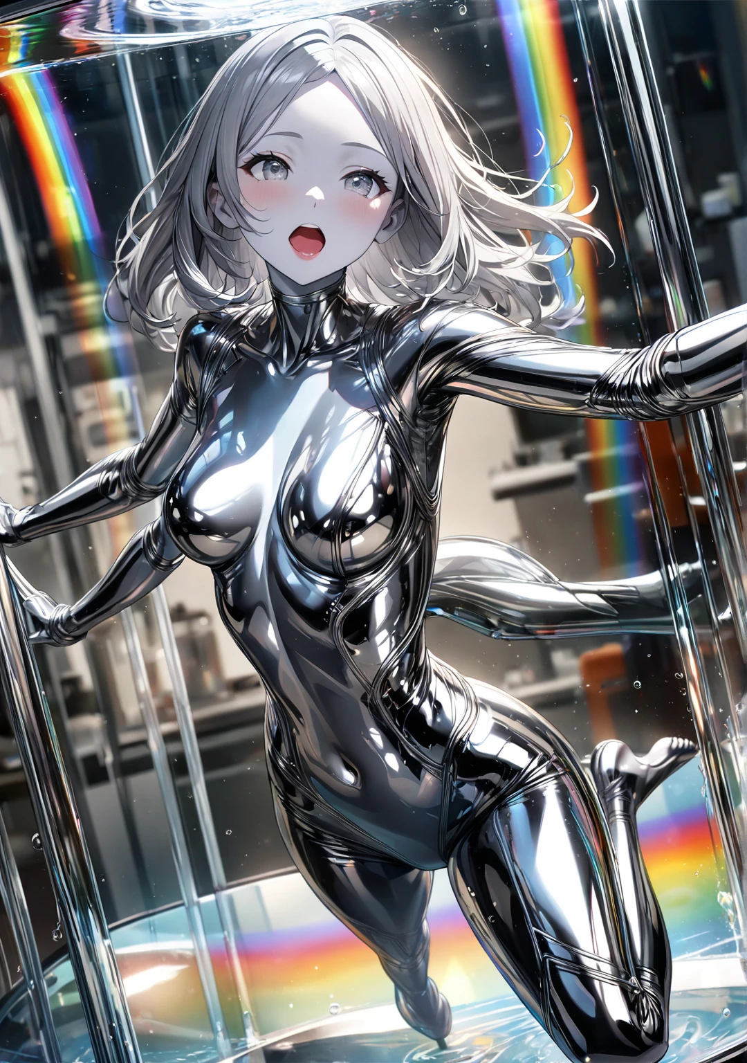 (highest quality:1.2), a 20-years-old girl is kneeling, hit by cold beam, freezed, Blush with embarrassment,side view, pale skin, a photorealistic cute girl, pale face, European face, noble face, closed eyes, chilling lip,open mouth to cry, suffering face, Short-cut pink hair, upper body portrait above the knees, wearing long sleeve leotard,tight-fitting and extra shiny black leotard, wearing fishnet bodysuits, wearing red belt