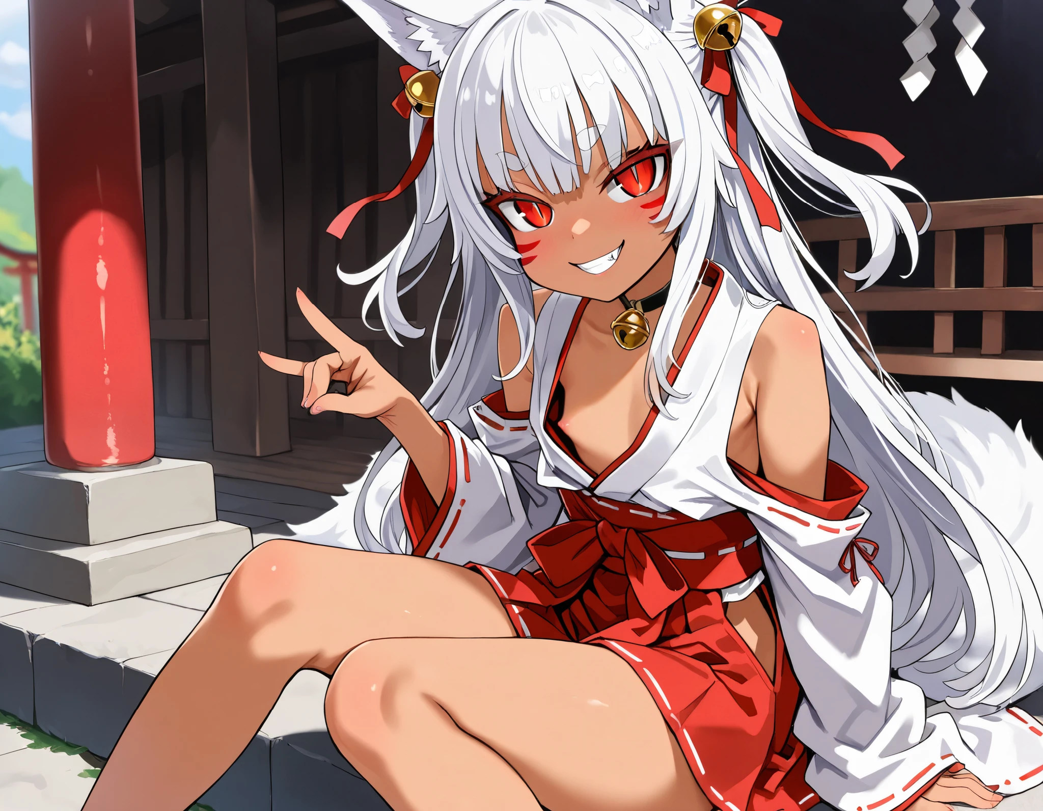 (best quality, highest quality:1.2), masterpiece, Ultra-high resolution, rich contrasts, HD, 8k, fine skin, no makeup, ideal ratio body proportions,
1girl, anime girls, asanagi style, mesugaki, dark skin, tan, red eye, slit pupils, ((white fox ear, white fox tails)), Wicked Smile, evil grin, fang,
very long two side up, white Hair, thick eyebrows, red highlights hair, Hair ribbon bell, bell choker, bimbo, ((dim body)), flat_chest, (facial mark), ((Corona Hand Gesture)), five fingers,
nontraditional miko, bare shoulders, miko, red obi sash, red short skirt, skirt cutout, shirt in, downblouse,
looking at viewer, lewd, cute, big eyes, ero, ecchi, Sitting with Knees Up,
Score_9,Score_8,score_7_up,source_anime, rating_questionable, shrine,