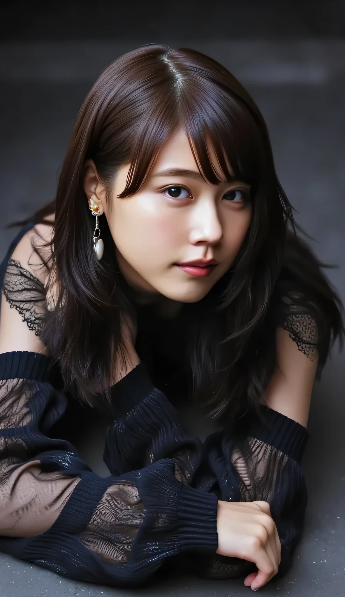 super accurate，8k, very well detailed，best quality，masterpiece, （from above1.5），  Japanese Girl ，sexy micro bra and low rise panties、thin eyebrows，big breast on the front of the suit，black background，Lying on the black carpetセクシーな女性，  stretch your legs，Thigh-up shot、 seductive gesture，lying on the black carpet，raise your head，(off the shoulder)，（butt facing camera:1.4)，staring at the camera with sexy eyes，Eyes full of resentment，（Very sexy 1.8），Very attractive，（Strong emotions 1.8）， Red shiny lips ，  full body shot  ，sexy charm overflows from the whole body，long brown hair , super sexy long hair），sexy body，(Expand Your Legs)，sexy leg，sexy feet，shoes，sexy colorless transparent underwear, （exposed butt 1.3），（1 missing shoulder.3），（Backless 1.3），（1.3），（ 1 .3），（leaky waist 1.3），（x} sexy collarless transparent low waist thong，（colorless transparent pantyhose 1.5），   jewelry,    night view, big earrings，   background black， delicate detailed lighting effects , Light and Dark, Extremely Detailed Light , true color, SUPER SHARP   ，   front view，from above，  back shot
