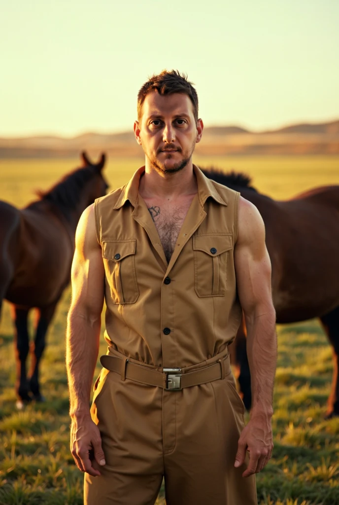 A pot-bellied centaur stands against the backdrop of mountains and a lake, realism, photographic photography
