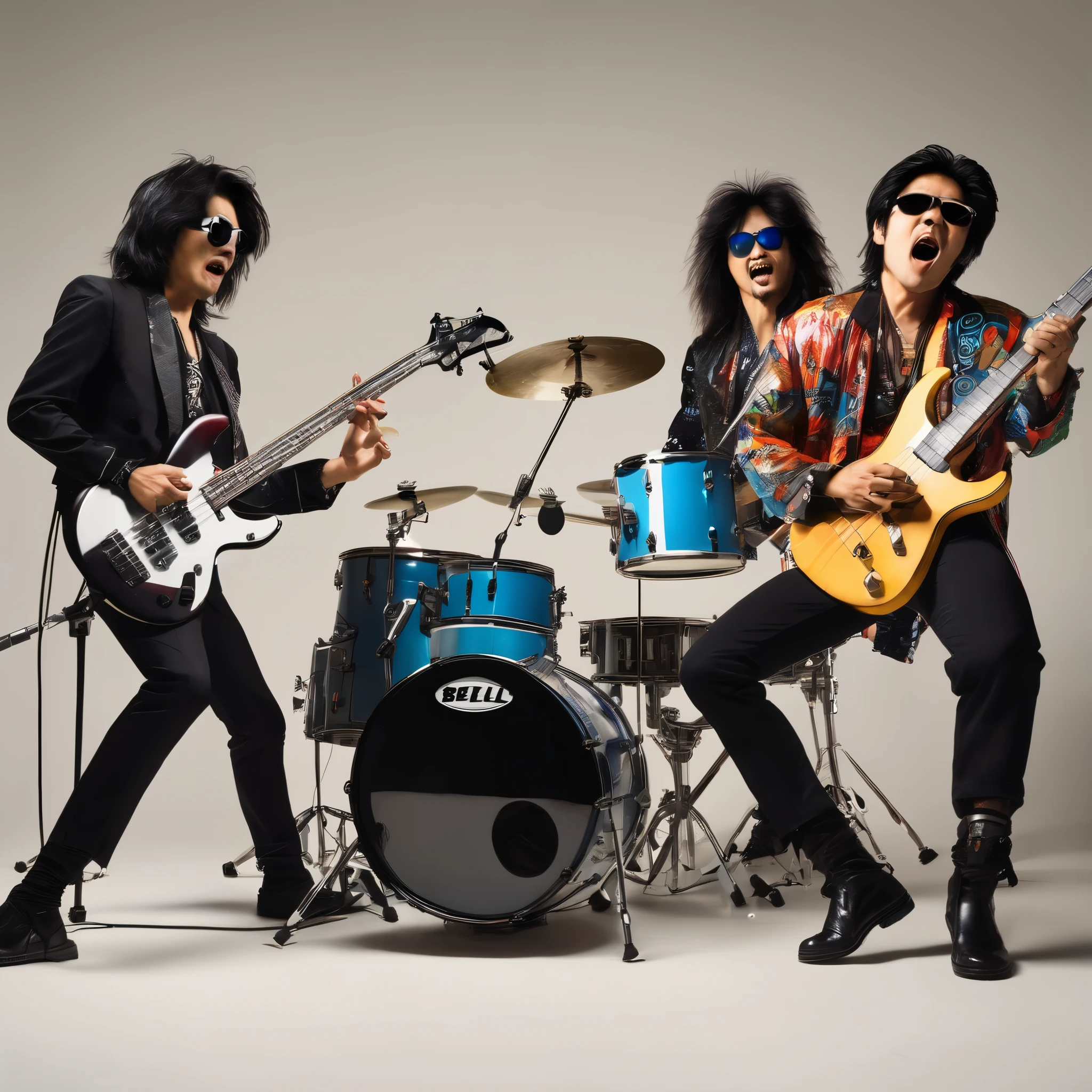Three Japanese male musicians in vibrant 1980s attire perform energetically: bassist in bell-bottoms, drummer with round sunglasses sits behind the drums, guitarist with flowing hair sings in a microphone. They play in pristine white studio, hyper-realistic details capture sweat, instrument textures, and intense expressions.