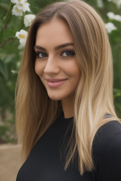 A realistic photo of beautiful italian woman wear a black short dress ,light makeup, long straight blonde hair, high quality photo 4k, very detailed, perfect fit, looking at the camera, detailed face, detailed brown eyes, olive skin
