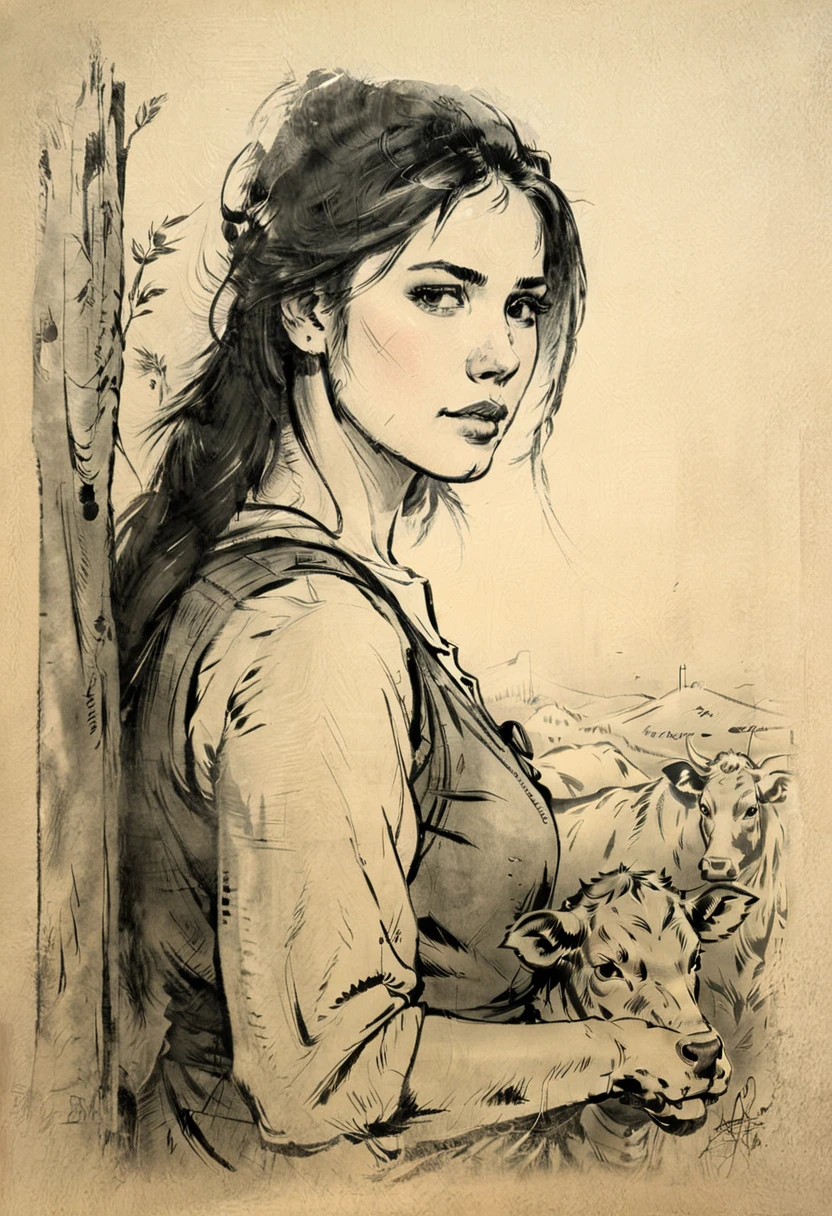dessin au fusain, crayons, black dessin au crayon, dessin au crayon, dessin en noir et blanc, dessin au graphite,
affiche, close-up, pleine longueur, femme dans un champs avec des vaches et une grange en arrière plan, Portrait de Willem Henraets, aquarelle, technique mouillé sur mouillé et éclaboussures , centre, composition parfaite, Abstraction, surrealism
dessin au fusain, peinture dans le style d'artistes tels que Russ Mills , Sakimichan, Fiasco,
Leush , germe d'art, Darek Zabrocki et Jean-Baptiste Monge,