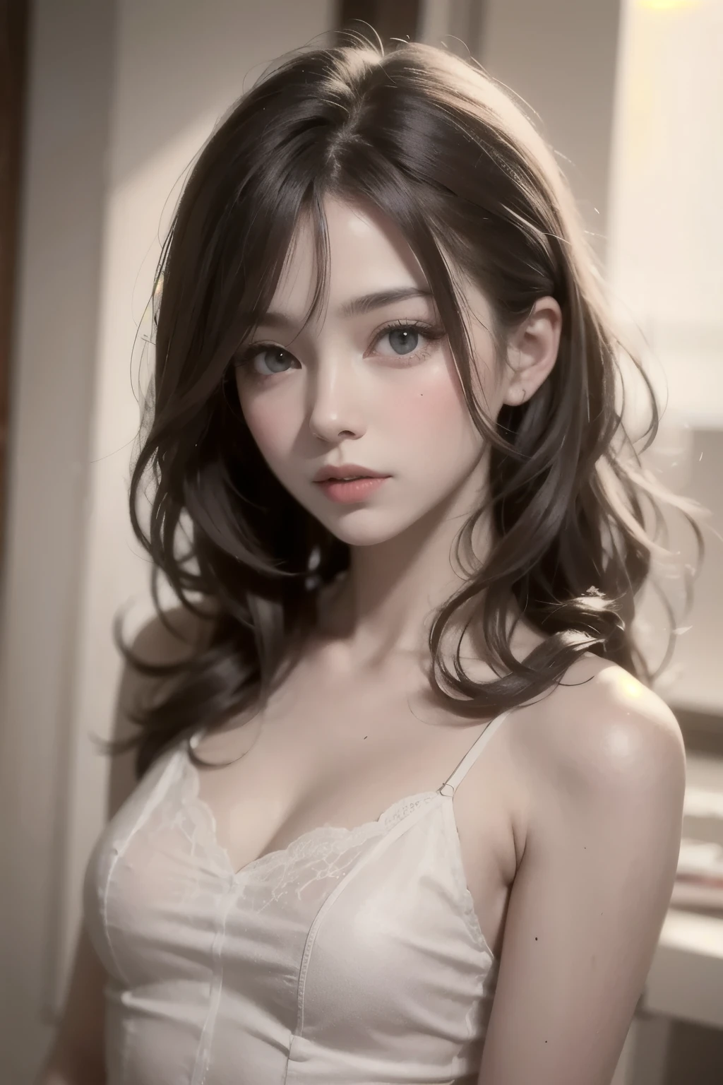 8K Ultra HD、RAWphotograph、モデルphotograph撮影、Russian Race, European laces, (masterpiece, highest quality, photoGenuineistic, High resolution, photograph: 1.3), close, focus on, Hot Model, slim, 30 years old、Small face、Shortcuts、Dark brown hair、Beautiful eyes in every detail、Genuineな肌, (Perfect body), Sexy hot face, erotic, sexual sight, slim, Sweat top, Beautiful eyes in every detail、Glossy Lips、Small breasts、、Bust B cup、((Bright light、Dynamic Lighting、Genuine、超Genuine、 Genuineism、Genuineistic details、Cool Beauty、cool pose、Background gray、Plain gray background