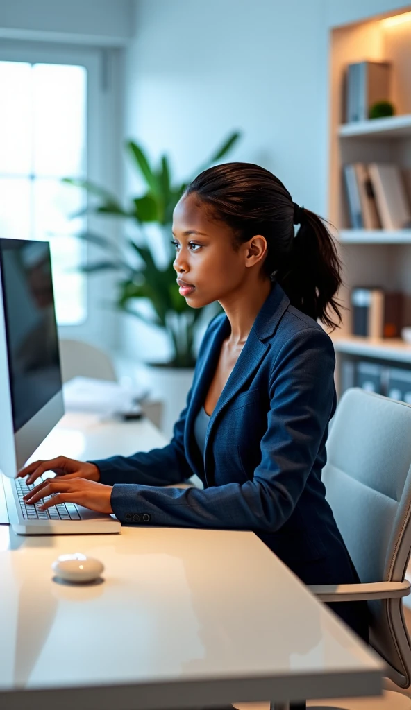 black woman, black leather leggings, white tshirt, hair in a bun, in a office room