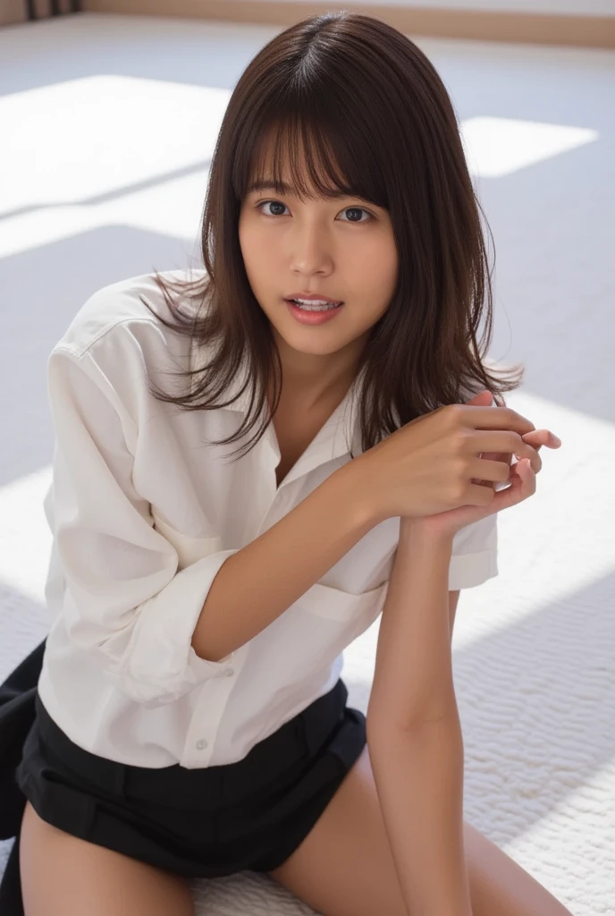 白パンティ透け、(((masterpiece))), (((Highest quality: 1.4))), ((Very detailed: 1.4)) , (Full Body Shot), Mature Japanese , (alone: 1.3), From above, Sitting, M-shaped legs, Small breasts, (Super realistic black pantyhose: 1.3), White panties and pantyhose are visible, Very beautiful 17 year old girl, No shoes, (blush: 1.3), Shy big eyes, (short (Brown hair parting), (bangs), Messy Hair, (hairpin), Lying on white sheets), Looking into the camera, look white, White underwear, expensive Blazer, expensive cut white shirt, expensive Blue Ribbon, expensive , Checkered and navy pleated skirt, Mycotrose, Long brown hair, Brown eyes
