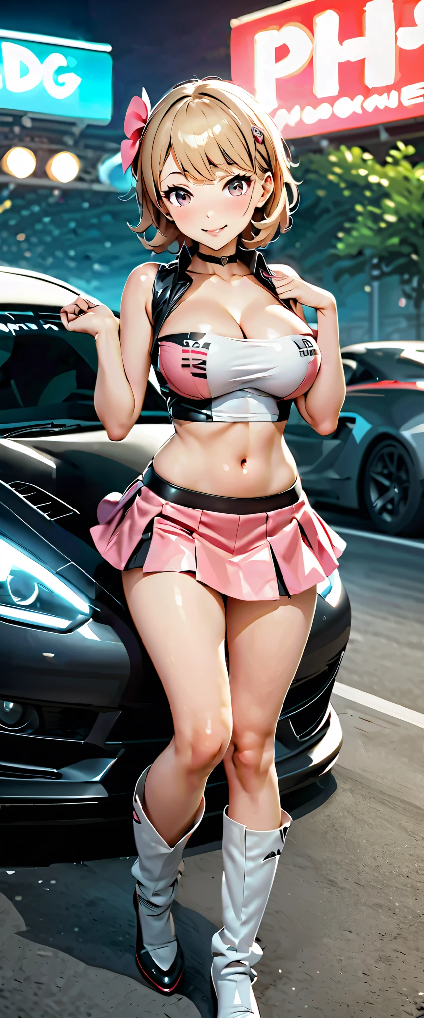 4k, digital painting, Comic Babes, araffe girl in red bra and white shorts leaning against a red truck, Isabela Moner, Instagram Model, thick thighs, Julia Fontes, sexy girl, beautiful young model, in the countryside, streetwear bra and shorts , sexy look, Portrait of Sophie Mudd, thighs, the extremely hot and sexy, exposed thighs, half pink, olivia de bernardinis