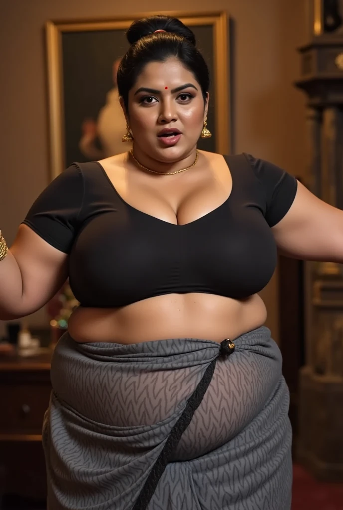 indian.plus size bhabhi wearing yellow skirt and yellow blouse, she has big belly wide hips, big buttocks , fat legs