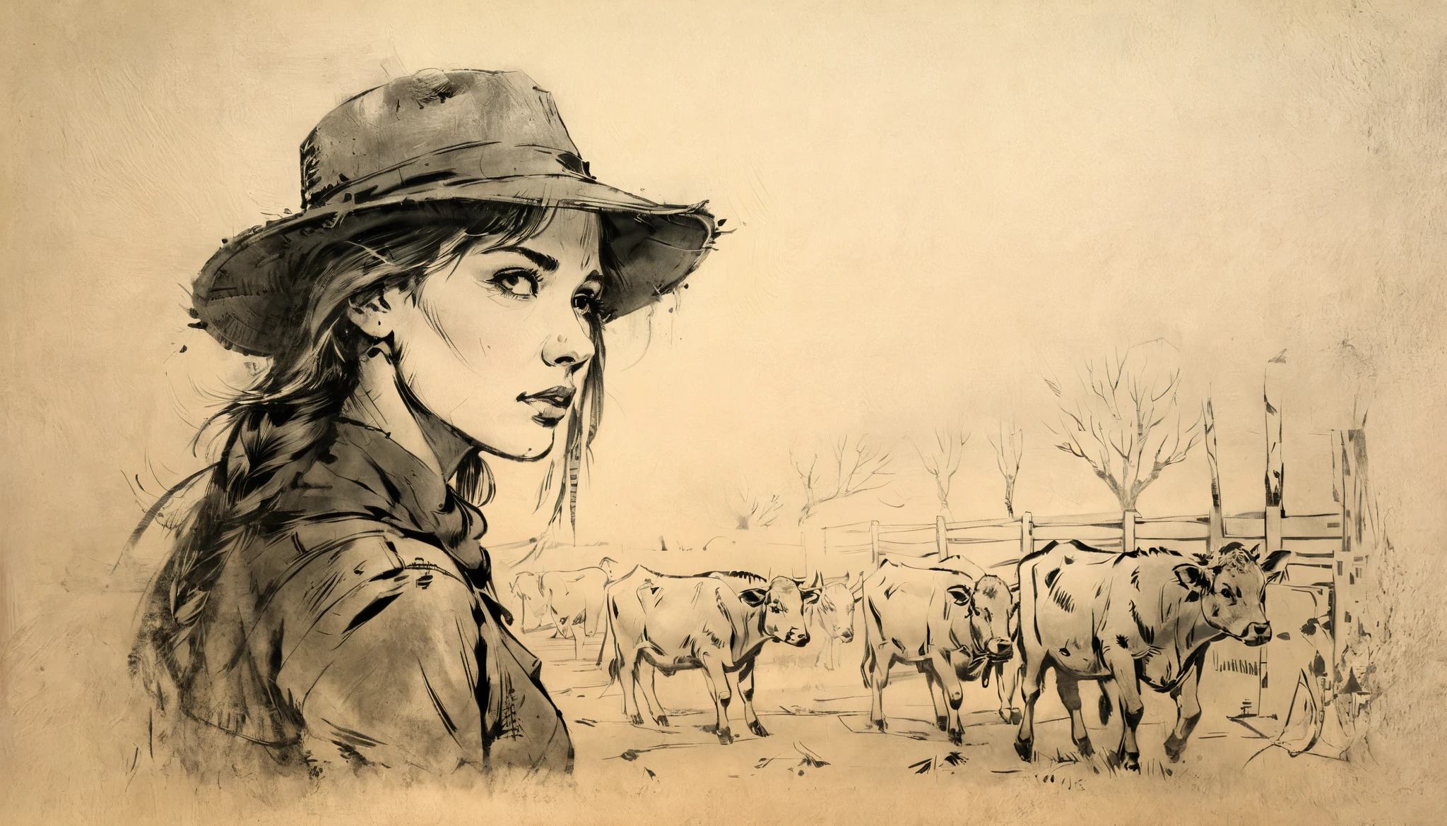 dessin au fusain, crayons, black dessin au crayon, dessin au crayon, dessin en noir et blanc, dessin au graphite,
affiche, close-up, pleine longueur, femme avec un chapeau de paille et les mains dans les poches, dans un champs avec des vaches et une grange en arrière plan, Portrait de Willem Henraets, aquarelle, technique mouillé sur mouillé et éclaboussures , centre, composition parfaite, Abstraction, surrealism
dessin au fusain, peinture dans le style d'artistes tels que Russ Mills , Sakimichan, Fiasco,
Leush , germe d'art, Darek Zabrocki et Jean-Baptiste Monge,