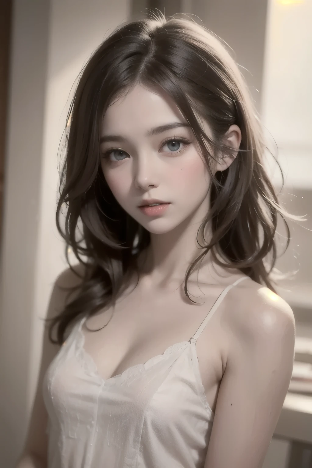 Girl wearing, luxury green coat, shoulder length hair, wavy hair, glowing skin, star in eye, red lips, grey background, cute poses, upper body, light blonde hair.