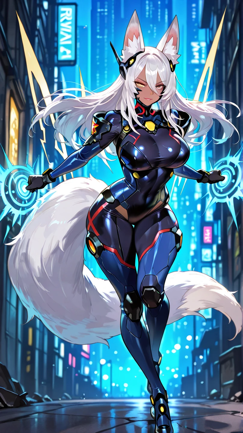 A stunningly detailed (((digital art piece))) inspired by the concept of High tech fantasy, featuring a (((anthro wolf goddess))) dressed in a sleek, red and blue power suit space armor, poised in a confident pose, with a (((wolf tail))), exuding an air of sophistication and power, her face framed by an intricate, detailed suit, suggesting a playful, loving stance, as if to express the sentiment of being iridescently beautiful