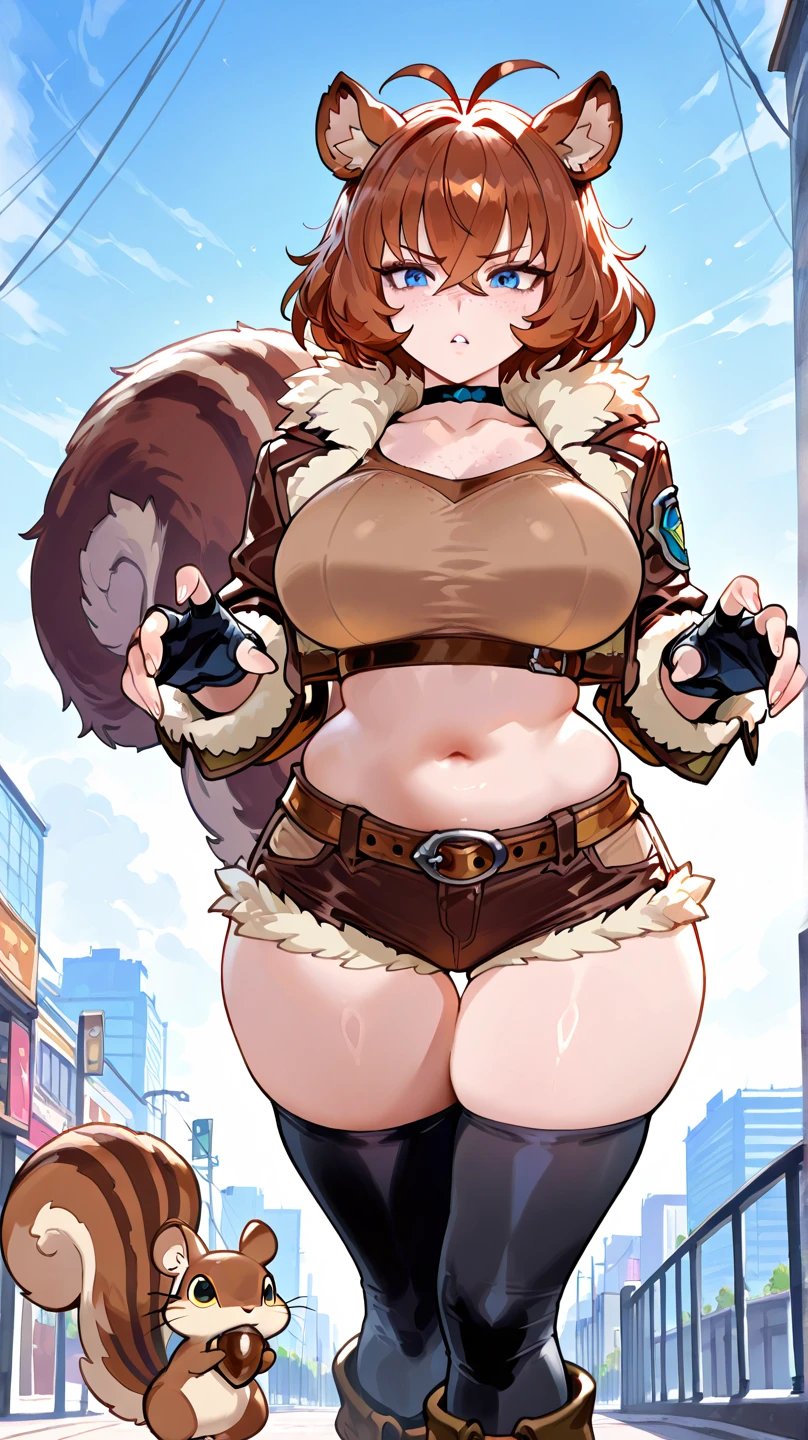 one woman, girl, Mouse ears, mouse tail, yellow eyes, brown hair, Adventurer Costume, steal, cute, Medium bust, wide hips, full body, sexy, no background