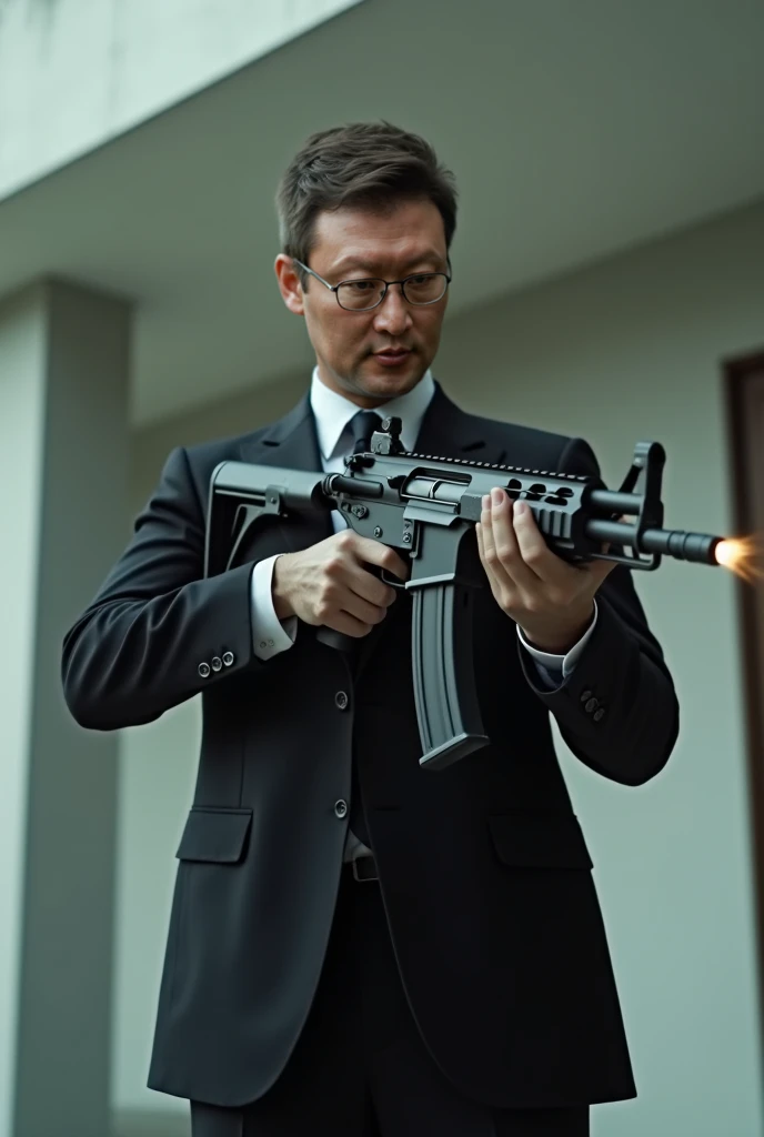 A 50-year-old Japanese man wearing glasses, A little bad guy, Hair is short soft mohawk,Wearing a suit,Has an assault rifle,Grin