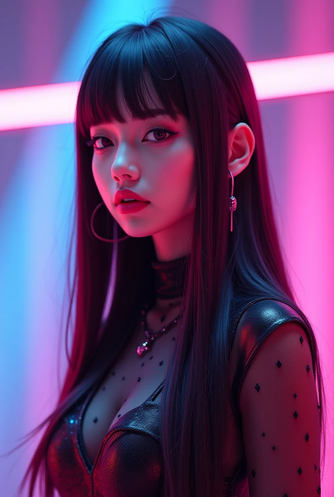 A Japanese girl in a vibrant neon-lit cabaret club. wearing a sleek black sequin dress. Her makeup is bold with smoky eyes and deep red lipstick. complementing her high ponytail hairstyle. She strikes a confident pose. gazing directly into the camera in the glamorous scene