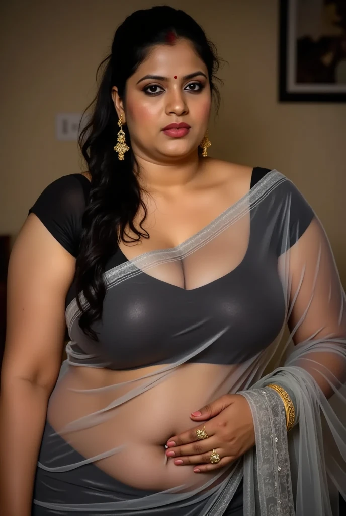 NSFW, HDR 8K , Indian Teacher Anushka shetty smiling at visitor in a Class room ,pretty women , beautiful face long free hair ,  face expression  , women dressed in lowhip black saree, oily smooth skinned mom , (( Mom had perfect voluptuous body , deep belly , curvy waist , big deep navel , cleavage facing visitor: 1.2 , ))  , seduce , glomoures figure mom , full body . Transparent navel in saree , Clear eyes without reflection.