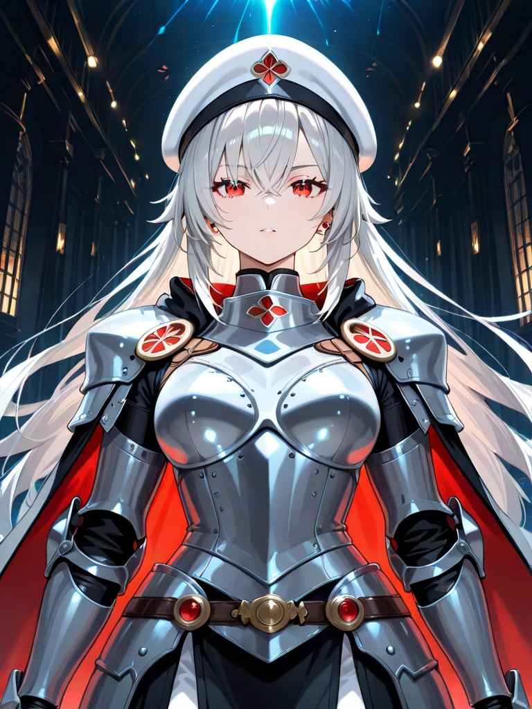 (masterpiece, best quality:1.2), expressive eyes, perfect face, highres, 1girl, solo, (female:1.5), bell cranel, long hair, white hairm red eyes, black bodysuit, armor, standing, upper body, looking at the viewer