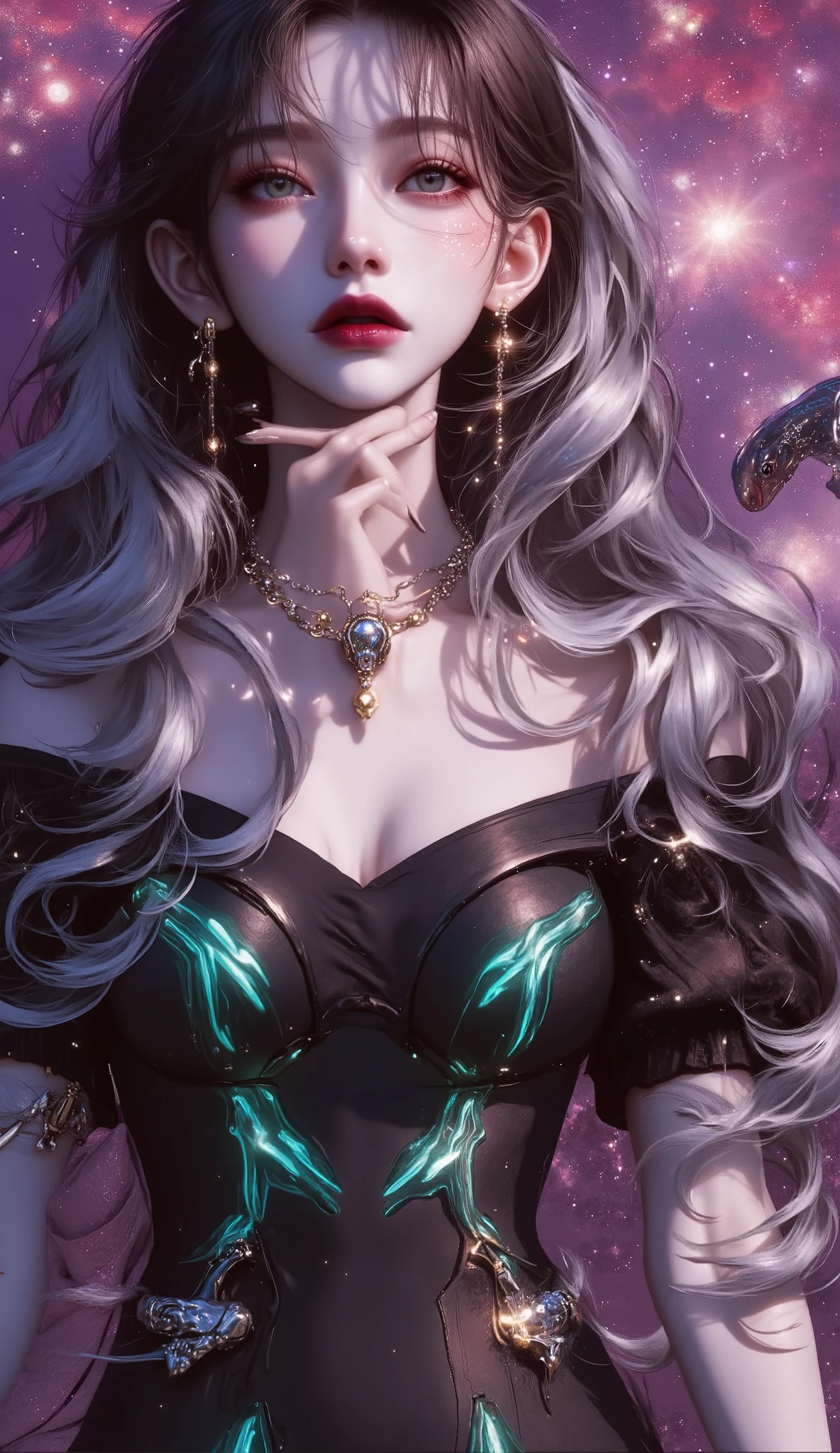 Futuristic cyberpunk-style portrait of a unique girl with large translucent wings, ultra-detailed, 8k, digital art.
Appearance:
Face: Sharp features, holographic blue-purple eyes with glowing data streams (green code lines in pupils), neon-pink circuit tattoos on cheeks.
Hair: Silver-white waves with electric blue tips, nano-particles floating like stardust in her hair.
Wings: Massive, semi-transparent wings resembling crystalline energy (glowing turquoise circuit patterns inside), edges fading into mist. The wings swirl dynamically around her body, partially concealing her figure in an ethereal embrace.
Outfit: Skin-tight black biomechanical suit with glowing turquoise circuits at joints, translucent panels revealing pulsing orange energy veins. Magnetic belt with floating fragments orbiting her waist.
Accessories: Neon-green energy core pendant, holographic wristband with rotating UI, AI interface chip behind the ear.
Background:
Floating anti-gravity islands under a pink-purple nebula sky, neon skyscrapers with glass facades reflecting holographic ads.
Digital auroras in the air, holographic fish swimming around her wings, and a laser-eyed robot bird perched nearby (metallic wings with glowing red cracks).
Lighting & Style:
Dramatic cyberpunk neon lighting (turquoise, pink, neon green), backlighting from wings to create a divine glow.
Color palette: Deep space black, neon turquoise, electric pink, holographic silver, and volcanic orange for energy veins.
Details: Wings emit faint particles, her body partially visible through translucent wing layers, and micro-drones capturing her from angles.
Mood: Mysterious, angelic-meets-cybernetic, with a sense of hidden power and motion."**