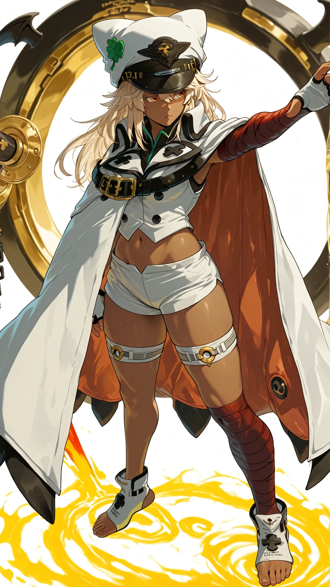 (masterpiece,best quality,absurdres,beautiful,sharp,detailed),cinematic angle,1girl,ramlethal valentine, thick thighs,dark skin, dark-skinned female,white headwear, cape, short shorts, thigh strap, gloves, bandages, bandaged arm, bandaged leg, four-leaf clover <lora:guiltygear_ramlethalvalentine:0.8>