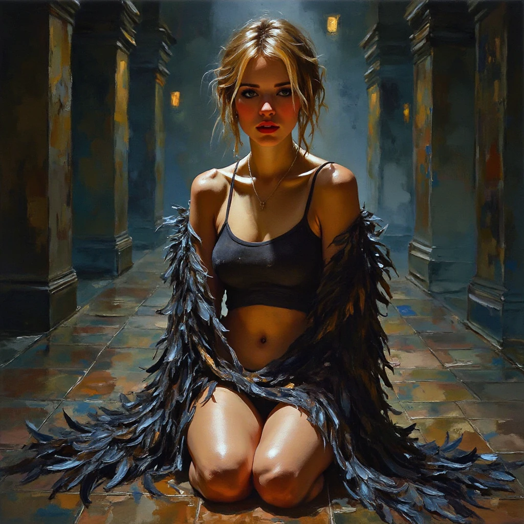 sexy girl, blonde long wavy hair, small breasts, in panties and a tight tank top, marked nipples, candlelight, very sexy on a sofa with many cushions, she looks at us lasciviously,(art inspired by Bill Sienkiewicz, oil painting) (best quality,4k,8k,highres,masterpiece:1.2),ultra-detailed,(realistic,photorealistic,photo-realistic:1.37),intricate details,vivid colors,sharp focus,professional,Dave McKean artwork, oil touch of surrealism,oil painting style
