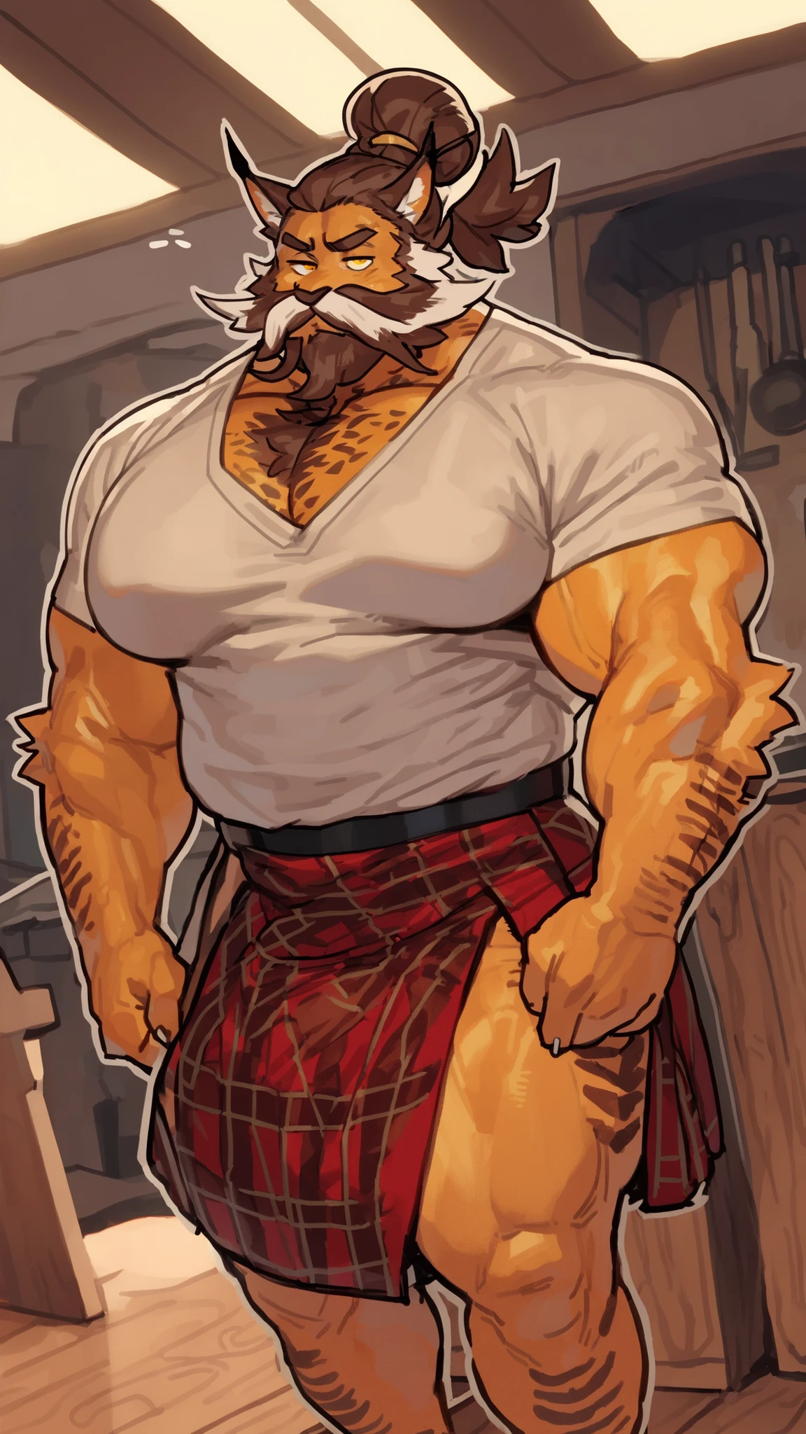 bara lynx, daddy, full body, lean body, deep v cut, strong physique, very muscular, perfect anatomy, masterpiece, dark orange fur, yellow eyes, sweet eyes, light brown hair, ((thick Chevron mustache, half up half down man bun, wearing a black thight deep v neck t-shirt accentuating his muscular pecs , wearing a long kilt in a red scottish tartan fabric, peaceful face, very detailed face, very detailed face hair, very detailed mustache):1.2), hairy pectorals, solo, great lighting, by bebebebe, by ZIXiong, by zackary911, by SligarTheTiger, by RED8EAN, soft colors, white outline solo, bulge, relaxed expression, huge navel hair, very detailed face, detailed face expression, cabinetmaker, working in his workshop, wood chunks on the ground