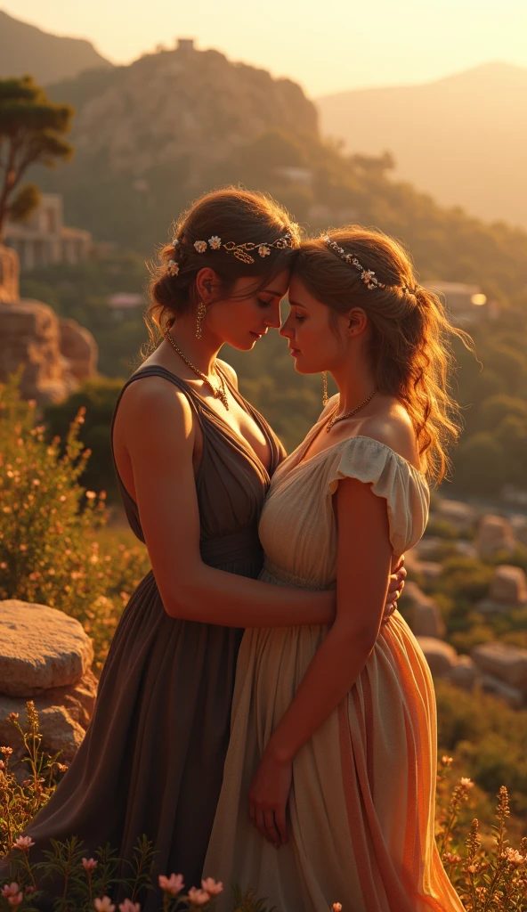 **Prompt:**    Create a breathtaking digital artwork that captures the iconic love story of Paris and Helena set in ancient Greece. Focus on a wide panoramic view showcasing the enchanting Archaic Greek landscape, infused with the golden hues of sunset. The scene should feature Paris and Helena, two young lovers clad in exquisite, historically accurate Greek attire, embodying the beauty and elegance of antiquity.     Highlight their intricately detailed, realistic faces to evoke deep emotions of love and connection. The composition should have a cinematic feel, artfully balancing both characters against the stunning backdrop of ancient ruins and lush nature, emphasizing their most romantic bond.     Utilize octane 3D rendering techniques to achieve ultra-realistic textures, ensuring the lighting and shadows enhance the depth of field, captured as if through a Nikon camera. Aim for a photorealistic and hyperrealistic style, making every detail pop, from the fabric of their garments to the gentle expressions on their faces.     Experiment with slow shutter speeds to create a sense of movement – perhaps a soft breeze ruffling their clothing or the gentle sway of surrounding flora. Ensure the final image reflects the timeless charm of love, inviting viewers to witness this immortal moment in the glorious realm of Greek antiquity.     Tag your artwork as trending on CGSociety and DeviantArt, showcasing your creation in the realms of digital art and hyperrealism.