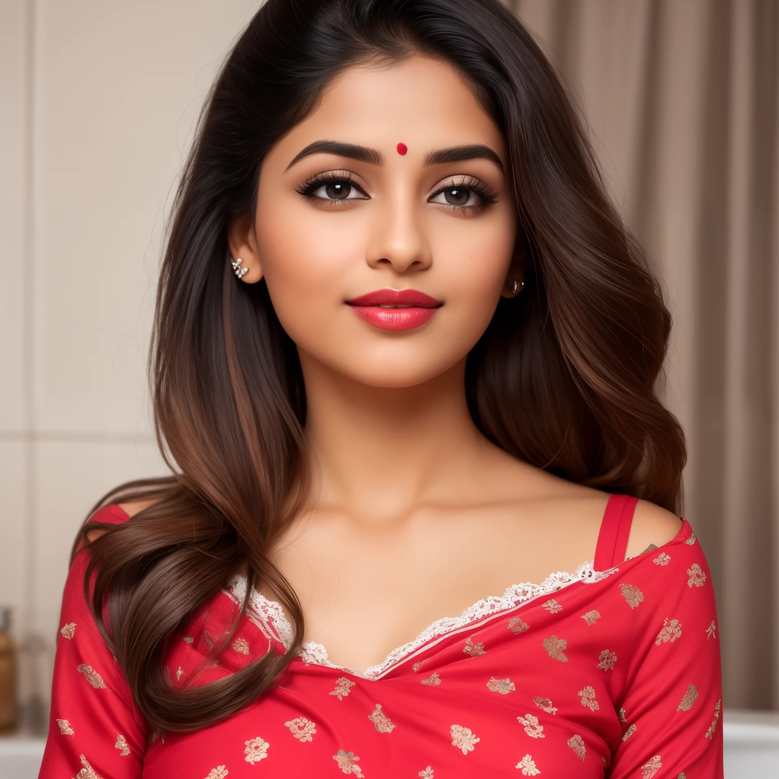 Big breast cleavage saree indian with red lips