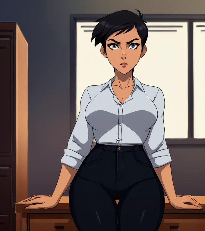 ((ultra quality)), ((masterpiece)), Lois Lane, ((black short hair tomboy hairstyle)), (Beautiful face), (beautiful female lips), (), charming, ((sexy facial expression)), (Dark skin color), (dark skin), glare on the body, ((detailed beautiful female eyes)), ((dark brown eyes)), (juicy female lips), (dark eyeliner), (beautiful female hands), ((ideal female figure)), ideal female body, beautiful waist, gorgeous thighs, beautiful medium breasts, ((subtle and beautiful)), sexy worth (), (White shirt, Black jeans) background: office, ((depth of field)), ((high quality clear image)), (clear details), ((high detail)), realistically, professional photo session