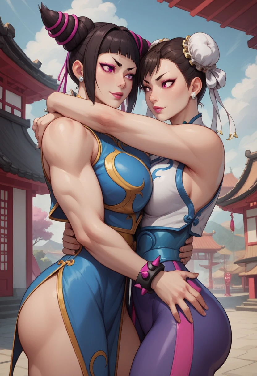 Chun-li  lesbiana(con su ropa muy apretada ), pechos grandes, muslos grandes muy sexi ,que se bese con su novia igual de sexi que ella(desnudas) que se besen muy seximente que se besen muy sexi 