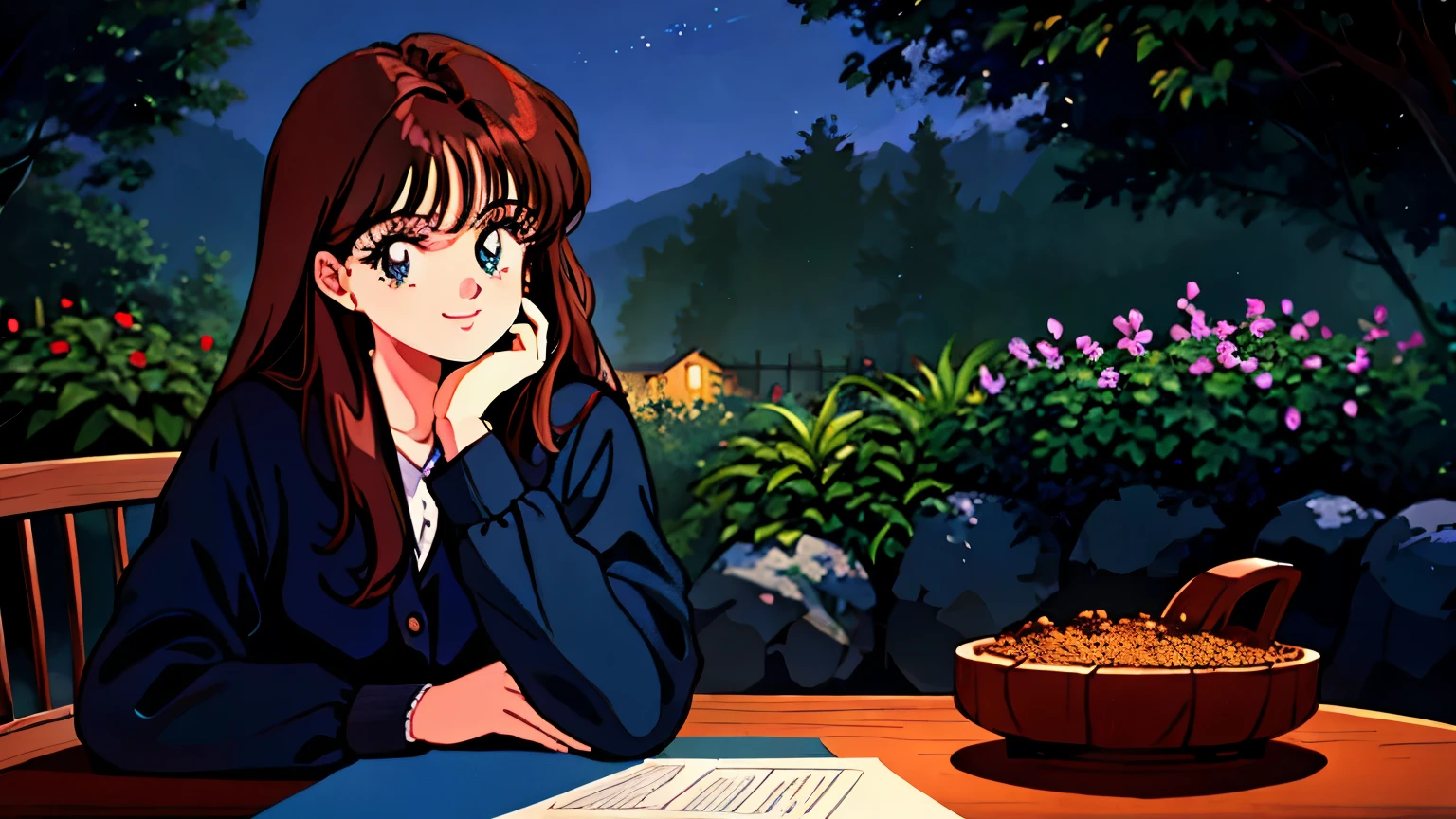illustration, high resolution, masterpiece, accurate, has won numerous awards, high quality, 4K,80s style drawing,Cafe、Stylish、 coffee、夜のCafe、beautiful、Attractive、 calm atmosphere