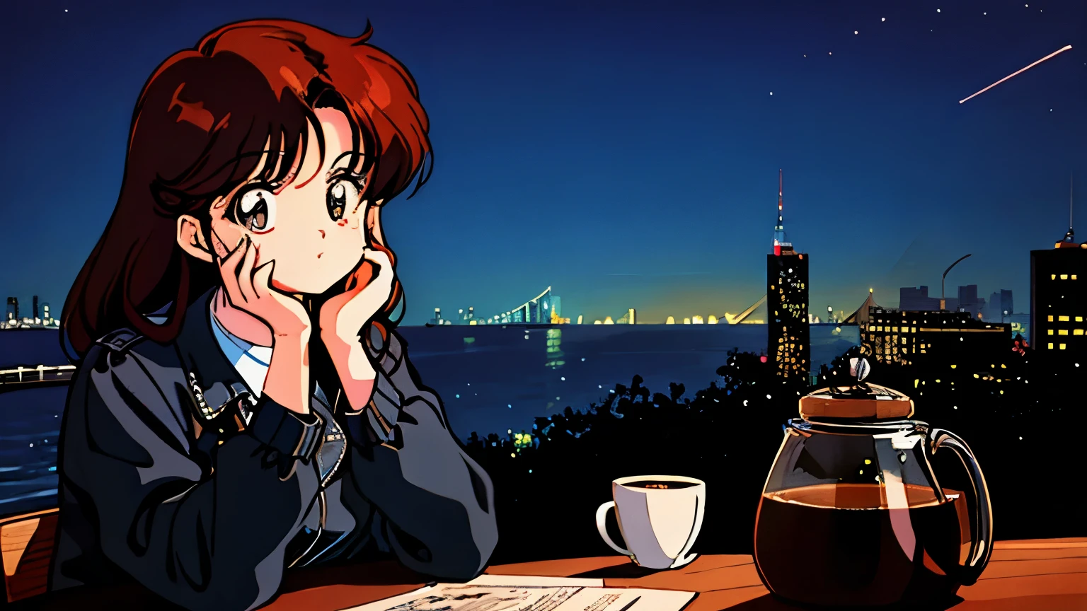illustration, high resolution, masterpiece, accurate, has won numerous awards, high quality, 4K,80s style drawing,Cafe、Stylish、 coffee、夜のCafe、beautiful、Attractive、I'm not facing the camera 、 calm atmosphere、City、