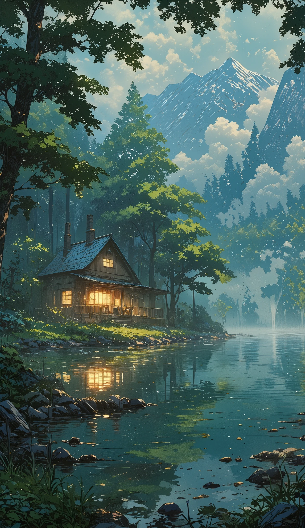 Create a tranquil lakeside cabin scene in a dense misty forest. The mood should be one of mystery and calm, with the cabin's lights softly glowing through the mist