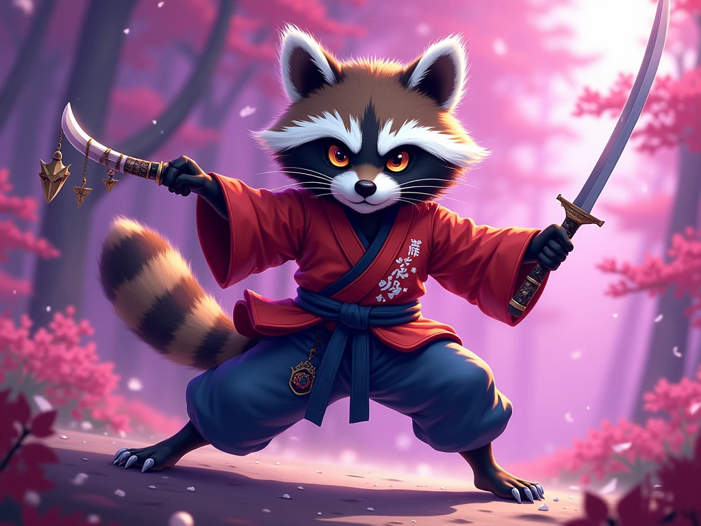 Ninja raccoon anime motif in purple-pink colors - SeaArt AI