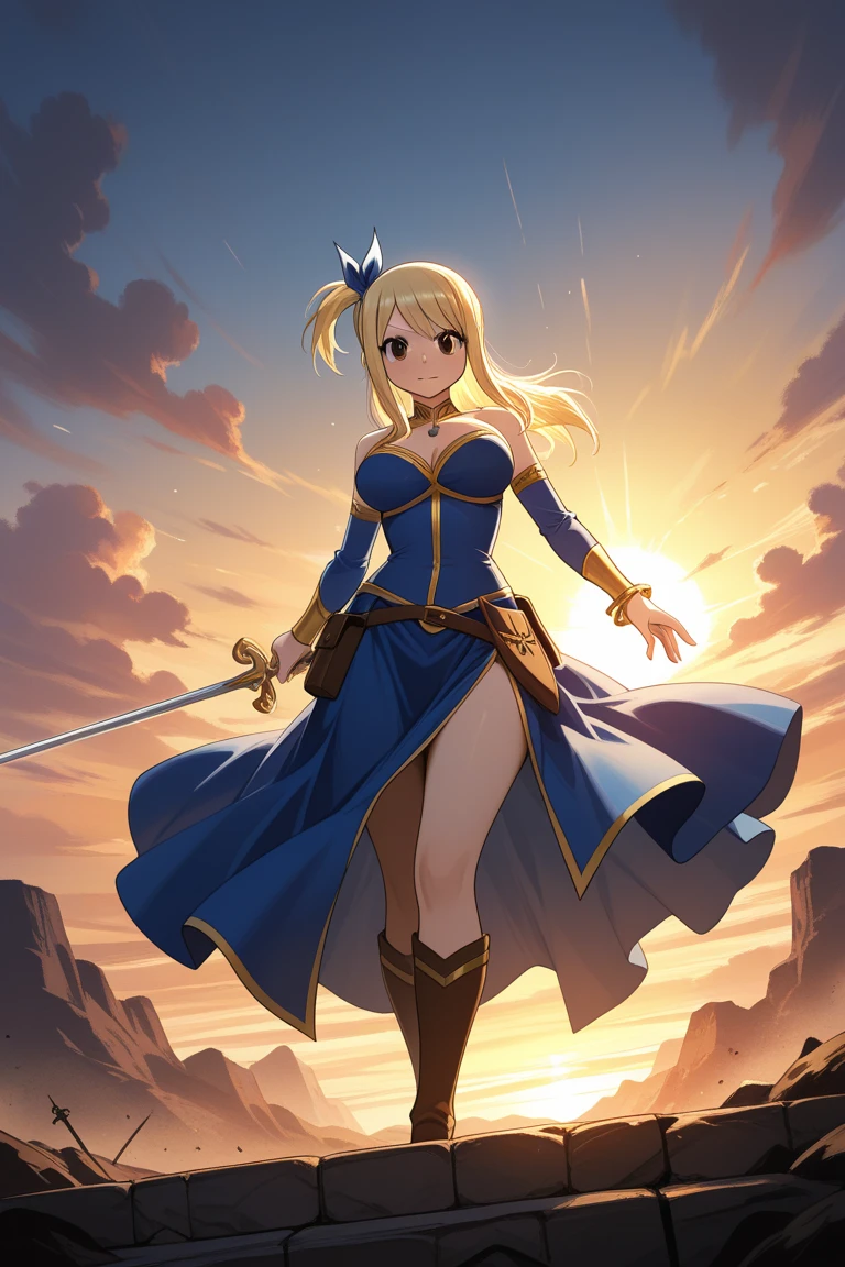 (best quality, ultra-detailed, photorealistic: 1.39), bright and vibrant colors, studio lighting, romantic expression, An effeminate warrior, with a delicate and beautiful face. She is a girl who reflects seductive beauty, sparkling blue eyes, a beautiful woman with her long straight blonde hair, her large breasts seduces, her blue eyes match her soft smile, wearing a heroine uniform, anime heroine, pleated skirt with purple details, her long-sleeved blouse glued to her body, her boots glued up to your thighs, an explosion of a mixture of water, fire and earth elements complement the background of the scene., anime style