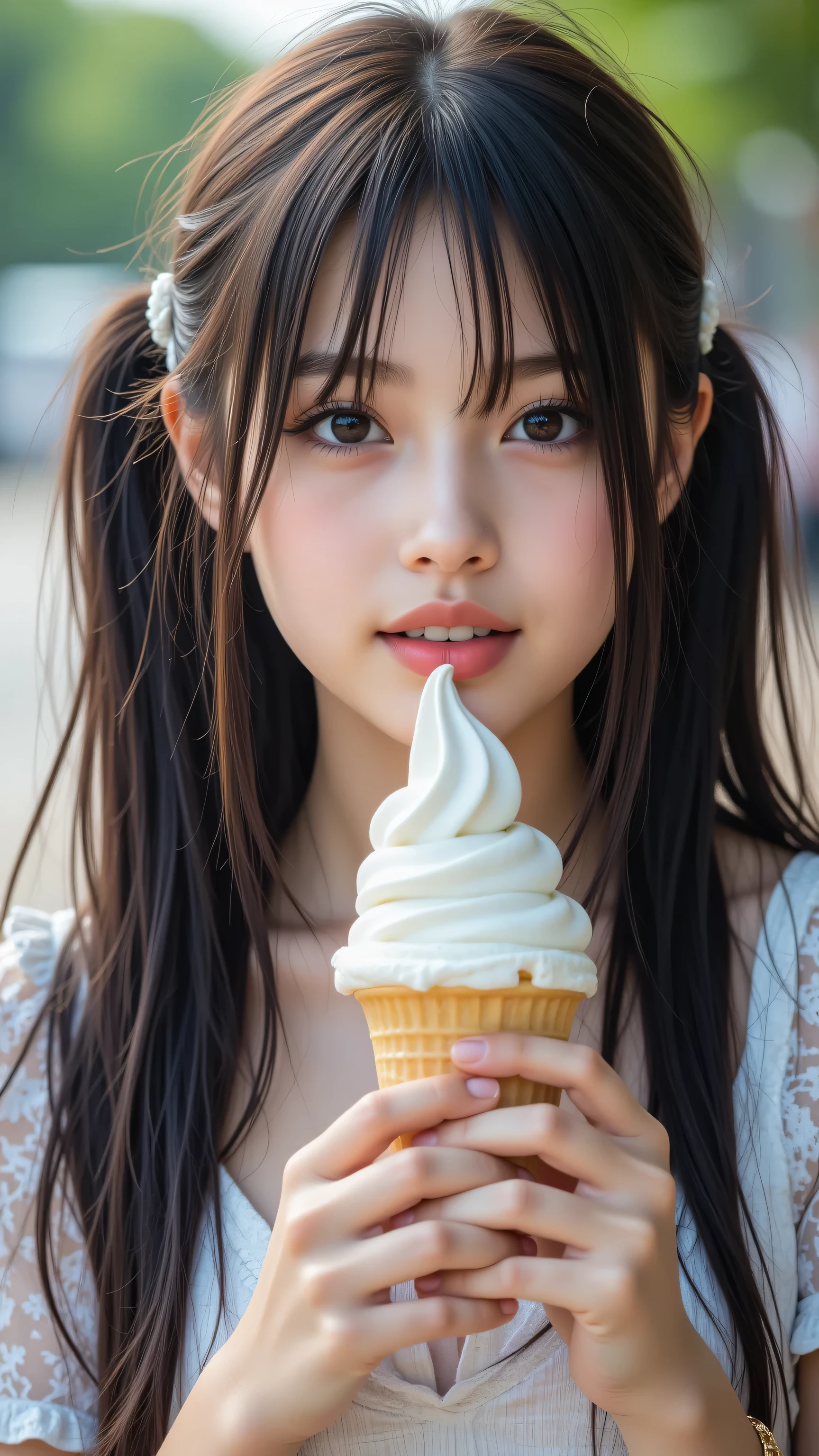 open your mouth wide ,((masterpiece,best quailluminationy 1.4)), (8k, RAW photo:1.2), ( realistic ,photo realistic :1.4), Ultra High Resolution , ( high definition 8K wallpaper ) , Japanese Idols, Japanese actress, Japanese , so cute , big eyes, Face and eyes 、 carefully drawn down to the smallest detail 、 Blood Comes Back to My Face , beautiful eyes down to the smallest detail , shiny skin, portraits,( twin tails :1.2),(smile:1.3) ,( has soft serve ice cream that is gentle on the hands, I have soft serve ice cream in my mouth :1.2),illumination, Concentration , written border depth , ( Dynamic Angle :1.4 ). blur the background , Bokeh, ( blouse, Ruffle Skirt :1.2) ,( Daytime in the Park .)