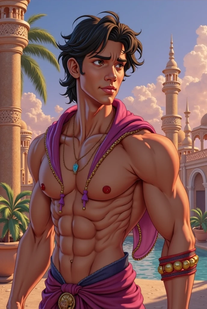 (masterpiece), (best quality), highres, handsome muscular Aladdin in the heart of Agrabah's bustling marketplace <lora:aladdin-40:0.6> sun dipping in the horizon, warm golden glow, intricate architecture, colorful textiles, (homoerotic), captivating gaze, enchanting, magic carpet, incredible composition, HDR, Rim lighting, Volumetric lighting, dramatic backlighting, god rays, crepuscular rays, sunlight, natural light
