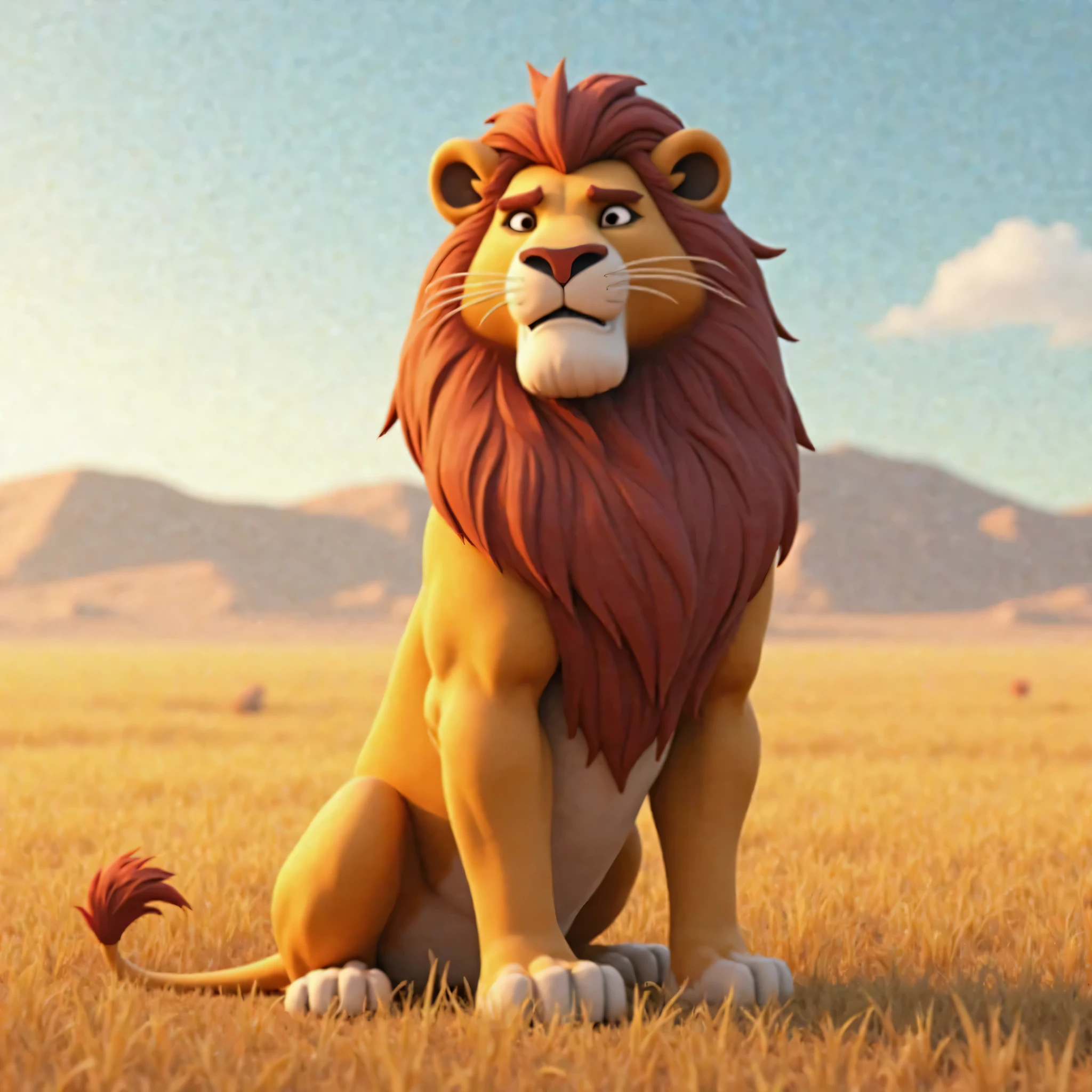 an animated image of a lion sitting on the savanna with a serious expression