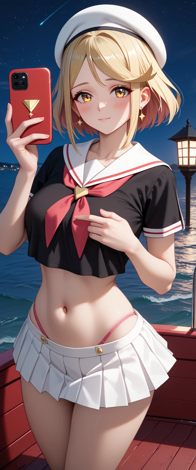 masterpiece, ultra-detailed, illustration, game cg, best quality, highres, kitagawa marin, 1girl, short fluffy blonde hair, swept bangs, gradient hair, red eyes, glossy lips, (upset), large breasts, red puffy miniskirt, white blazer, beach, (quicksand:1.3)