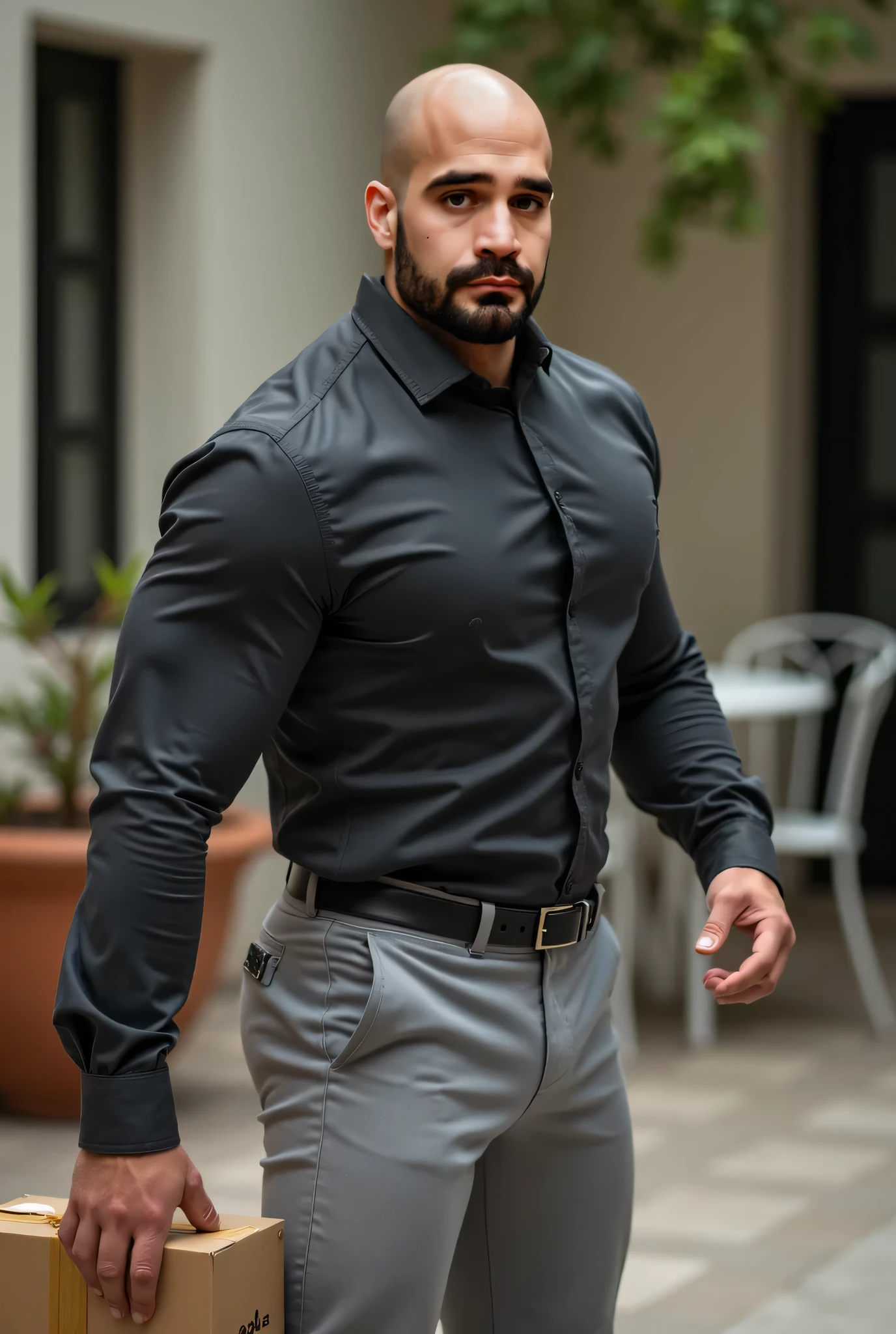 Un hombre ????? con la cara se parece a Henry Cavill. Black man, Su cuerpo es musculoso y pe barba dentada.  Big butt, in a moment of reflection. Full body. Camisa Fajada, ropa semi formal clara, backside. 