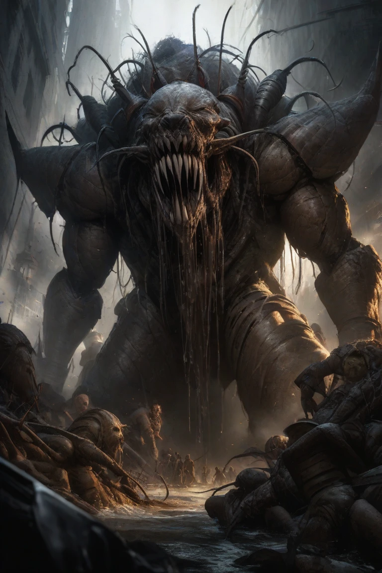 Painting of a murcielago vampiro demonic creature with a bloodied face and a bloodied head, carnificina, Sci - The Art of Horror Fiction, arte de terror sci-fi, inspirado em Aleksi Briclot, As presas da carnificina, Horror art in the fantasy genre, Directed by: Aleksi Briclot, arte conceitual de terror, veneno, Arte de fantasia e terror, Detailed illustration of 4K horror, demonic creature, arte de terror de fantasia sombria