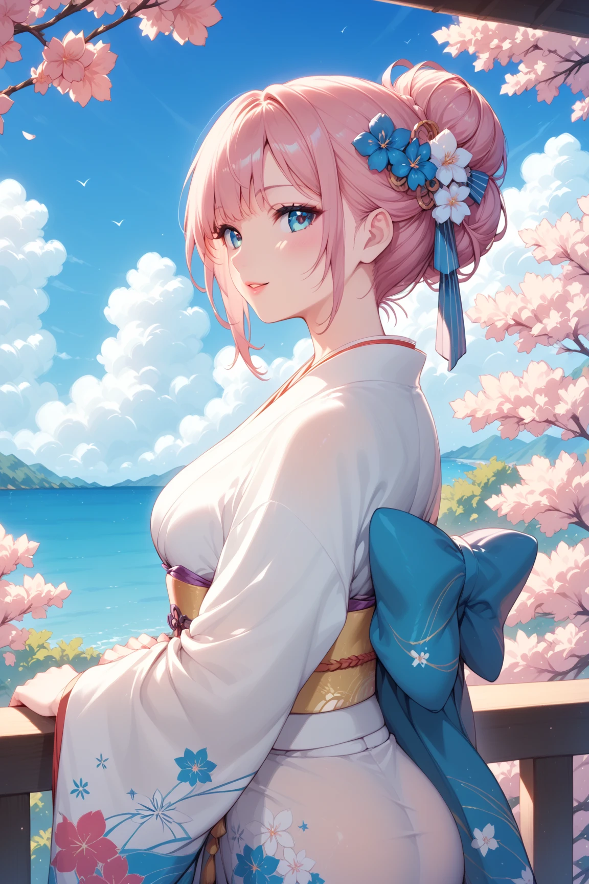 1girl, masterpiece, best quality, extremly detailed, Cinematic lighting, intricate detail, highres, official art, finely detailed beautiful face and eyes, high resolution illustration, 8k, dark intense shadows, overexposure,blue kimono, long white hair, half updo, latex bodysuit, pink lips, blue eyes, smoking pipe, smoking, golden hair ornaments, seiza, upper body, large breasts, cleavage, ((cherry blossoms)), red roses, glowing plants, looking at viewer, sitting on ground, from above, sunshine