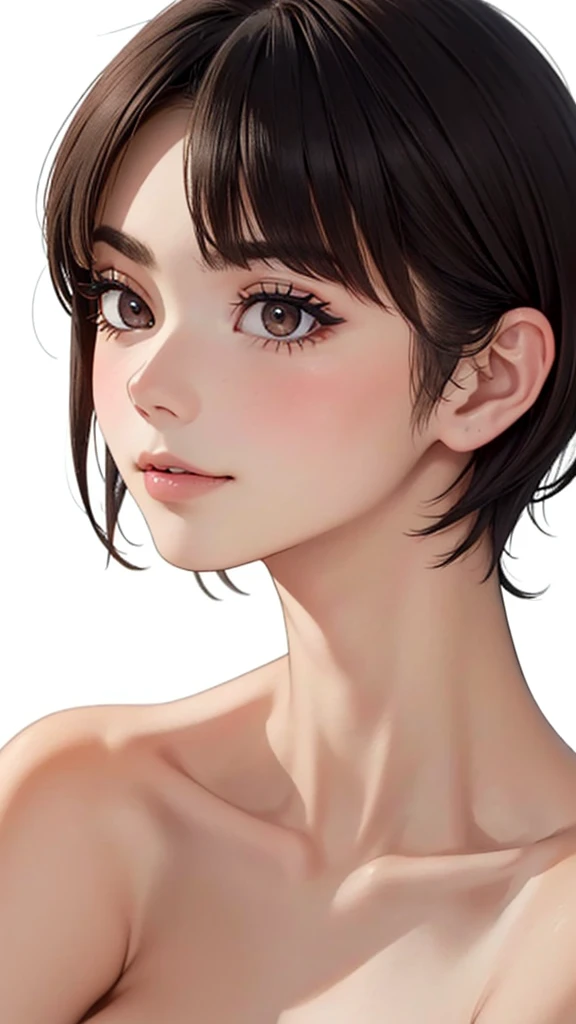 (((masterpiece, best quality, nsfw, nude, ultra highres, 1 girl, solo))), (an illustration of girl), super detailed skin and face and eyes and pussy, beautiful japanese woman, small breasts, slender beautiful body, beautiful body style, skinny, perfect anatomy, show vagina and anal , beautiful pussy, ((((very short pixie hair)))), light brown hair, completely nude, white background, knee shot, spread legs, outline, anime, 2D, laughter, boyish,
