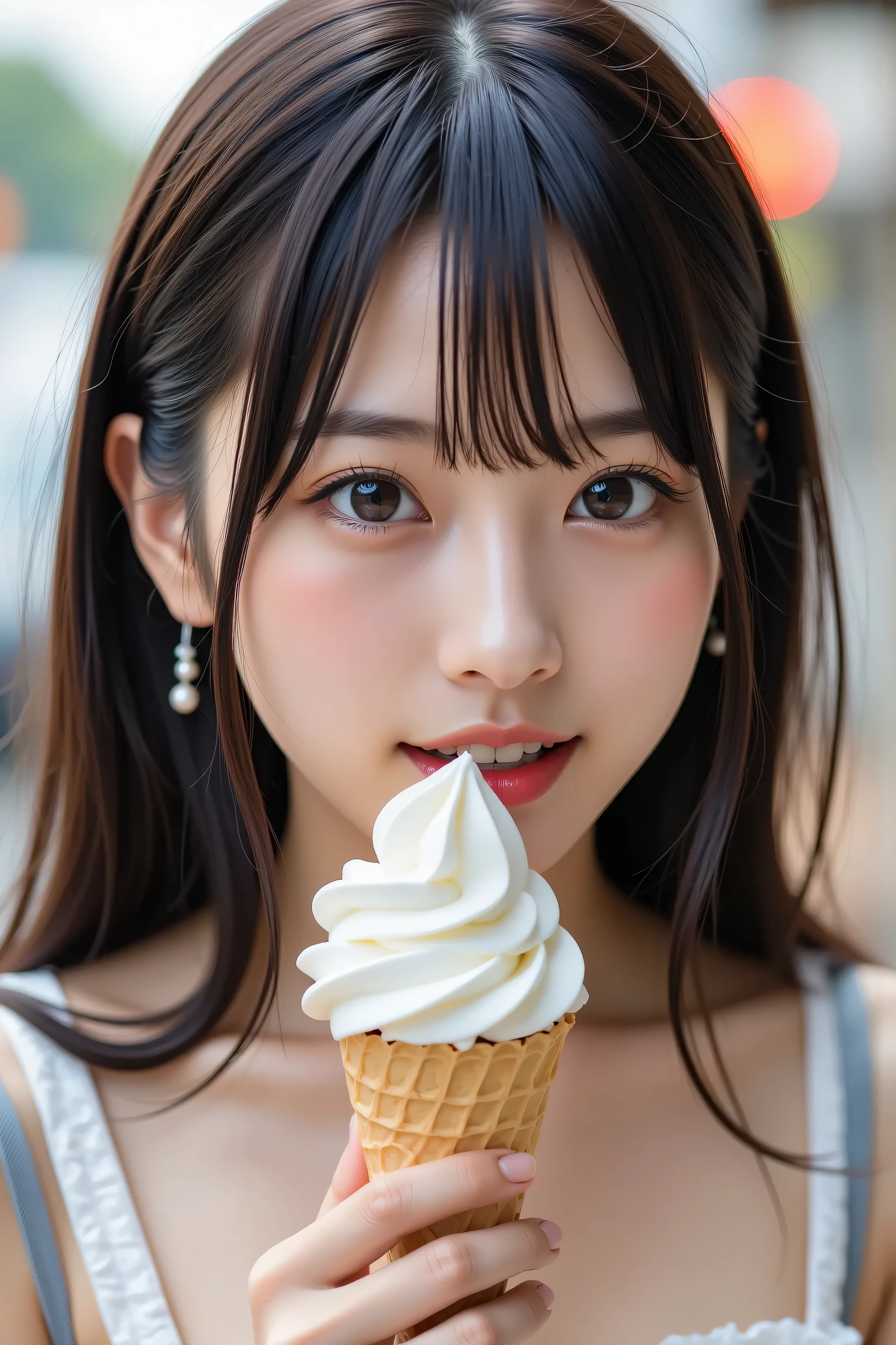 open your mouth wide ,((masterpiece,best quailluminationy 1.4)), (8k, RAW photo:1.2), ( realistic ,photo realistic :1.4), Ultra High Resolution , ( high definition 8K wallpaper ) , Japanese Idols, Japanese actress, Japanese , so cute , big eyes, Face and eyes 、 carefully drawn down to the smallest detail 、 Blood Comes Back to My Face , beautiful eyes down to the smallest detail , shiny skin, portraits,( twin tails :1.2),(smile:1.3) ,( has soft serve ice cream that is gentle on the hands, I have soft serve ice cream in my mouth :1.2),illumination, Concentration , written border depth , ( Dynamic Angle :1.4 ). blur the background , Bokeh, ( blouse, Ruffle Skirt :1.2) ,( Daytime in the Park .)