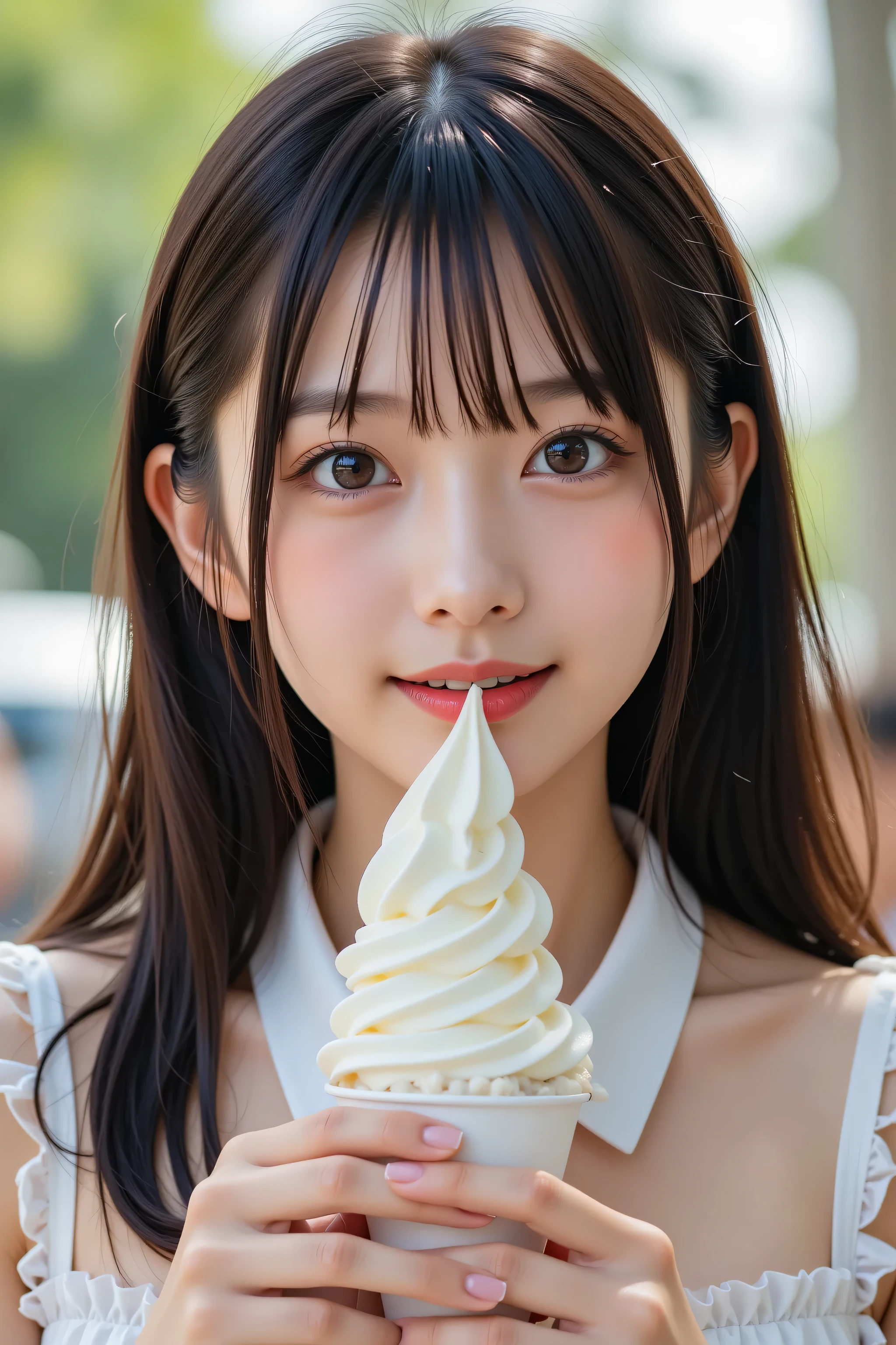 open your mouth wide ,((masterpiece,best quailluminationy 1.4)), (8k, RAW photo:1.2), ( realistic ,photo realistic :1.4), Ultra High Resolution , ( high definition 8K wallpaper ) , Japanese Idols, Japanese actress, Japanese , so cute , big eyes, Face and eyes 、 carefully drawn down to the smallest detail 、 Blood Comes Back to My Face , beautiful eyes down to the smallest detail , shiny skin, portraits,( twin tails :1.2),(smile:1.3) ,( has soft serve ice cream that is gentle on the hands, I have soft serve ice cream in my mouth :1.2),illumination, Concentration , written border depth , ( Dynamic Angle :1.4 ). blur the background , Bokeh, ( blouse, Ruffle Skirt :1.2) ,( Daytime in the Park .)