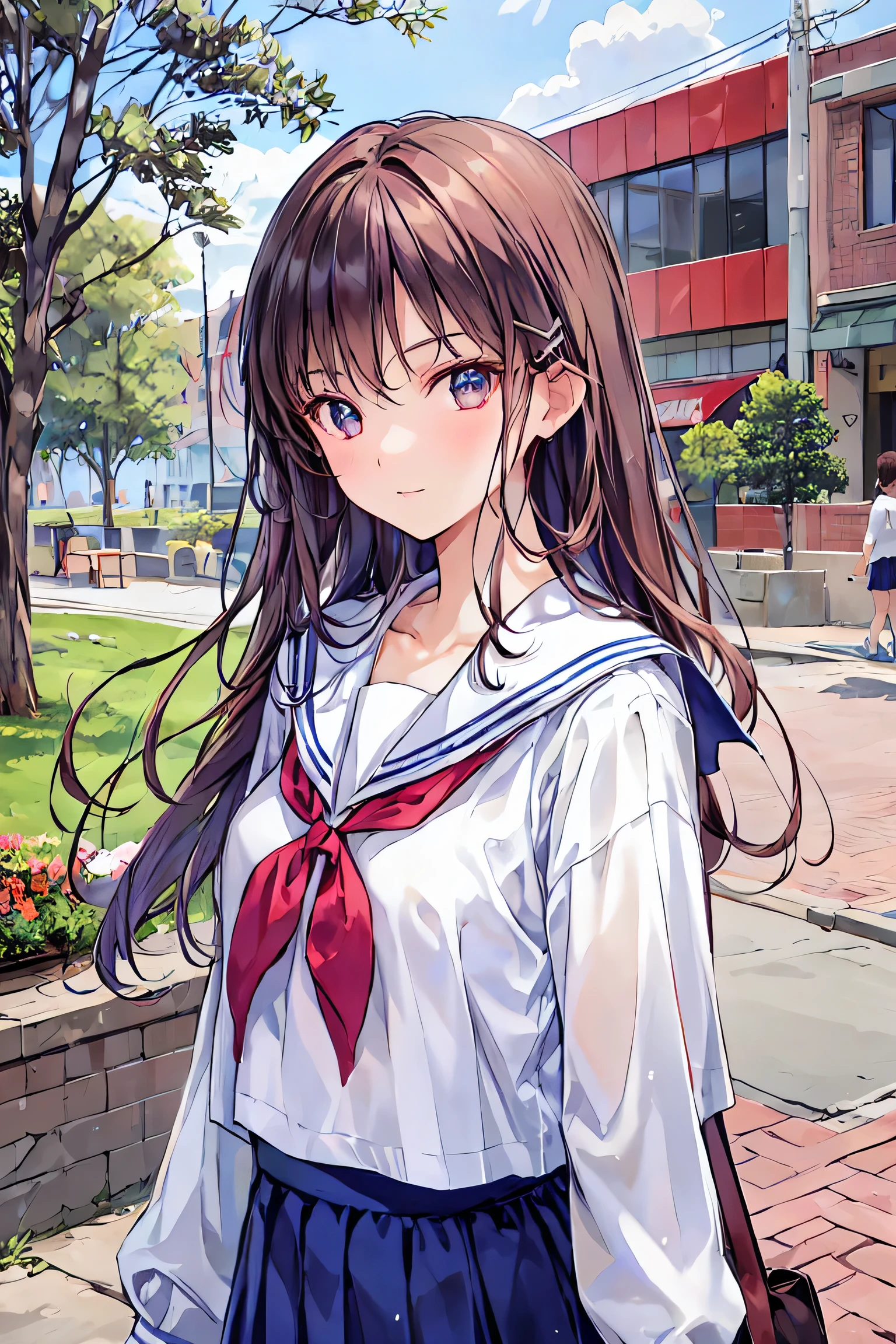 (best quality: 1.2, very detailed, high detail, latest, lively, masterpiece: 1.2, top quality, best aesthetic, perfect lighting, best shadow, high contrast, the best natural light), Anime artwork,
anatomically correct, perfect hands,
((attractive high school girl, 1 girl)),
(Japanese school girl uniform, Japanese sailor suit),
long straight hair, bangs, shiny dark brown hair,
(very small head:1.3), long body, long limbs, white skin, slender body, toned body,
sparkling dark eyes, moist eyes, (finely detailed beautiful eyes: 1.3),
seductive face, adorable face,
daytime, scenery, beautiful blue sky and ocean, natural light effects,
cowboy shot,
deep depth of field,