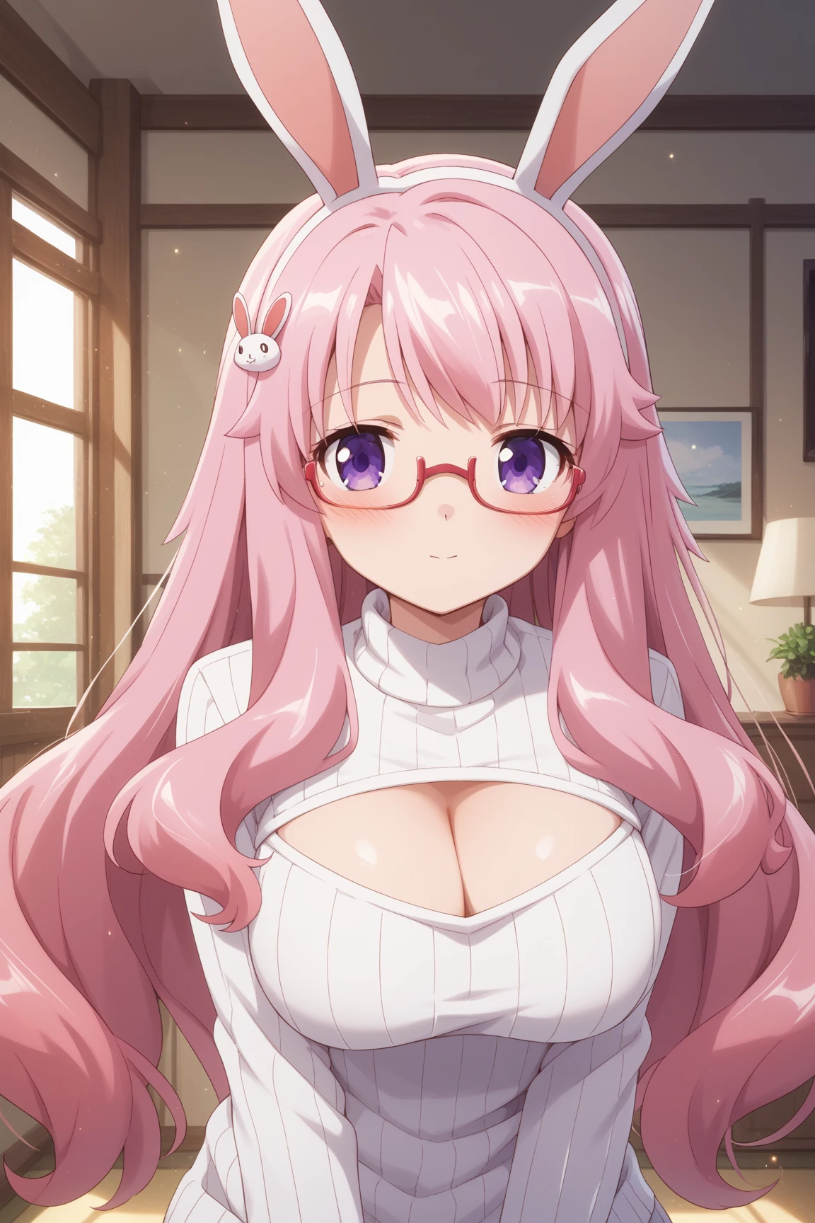 masterpiece, best quality, high resolution, UHD, 8k, ((cowboy shot)), BREAK, 1 girl, ((girl style anime)), Glossy skin, rounded eyes, beautiful eyelashes, realistic eyes, beautiful woman, with purple eyes, long hair, pink hair, with red balayage highlights, dressed in a pink turtleneck sweater, pink fur coat, wearing pink heart glasses, wearing a pink dress, with bracelets on their wrists, perfect body, medium breasts, BREAK, BREAK, in a clothe store very nice.