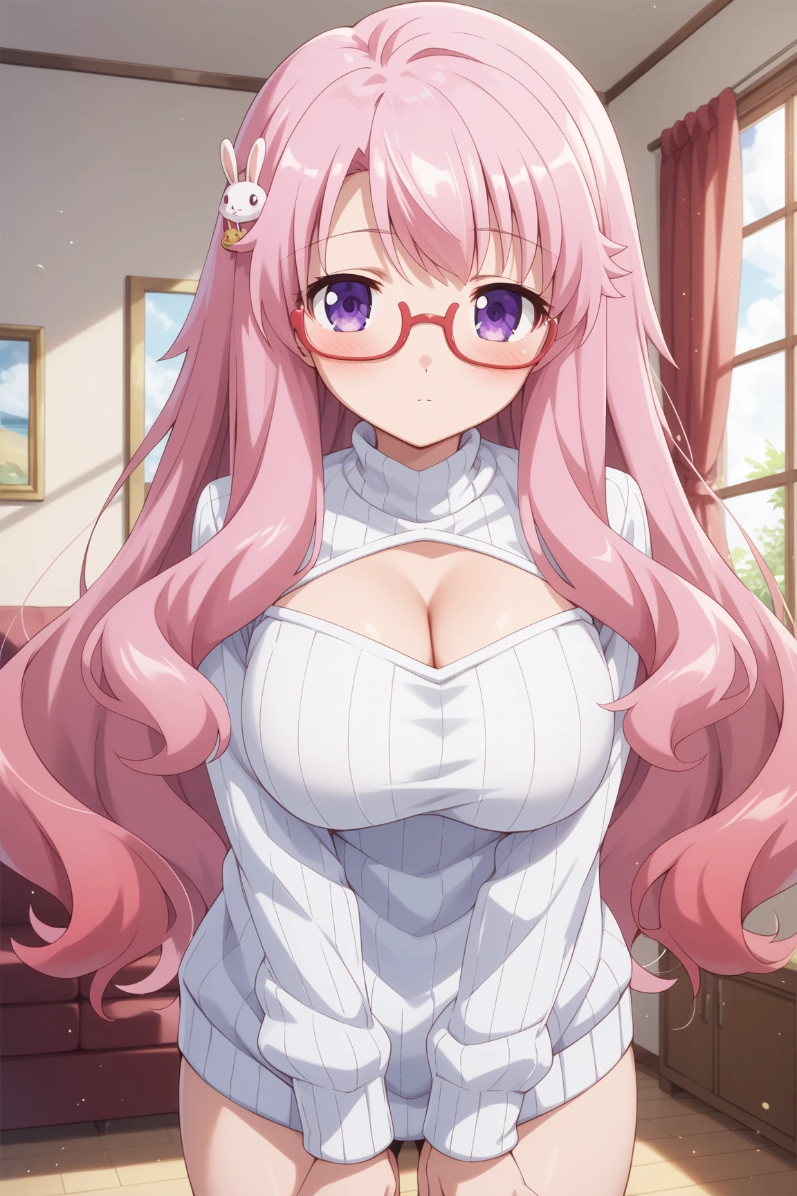 One Woman、private teacher、Big Breasts、Pink Hair、long hair、Ahoge、Kind older sister、Pink Glasses、Green Eyes、Smile、naked、Light pink nipples、Bedroom、On the bed、Droopy eyes、Shaved、Titty fuck