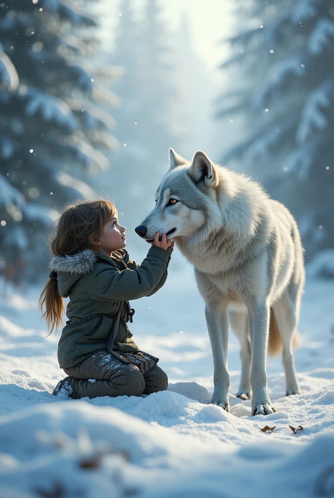 Realistic  playing with a wolf in the snow