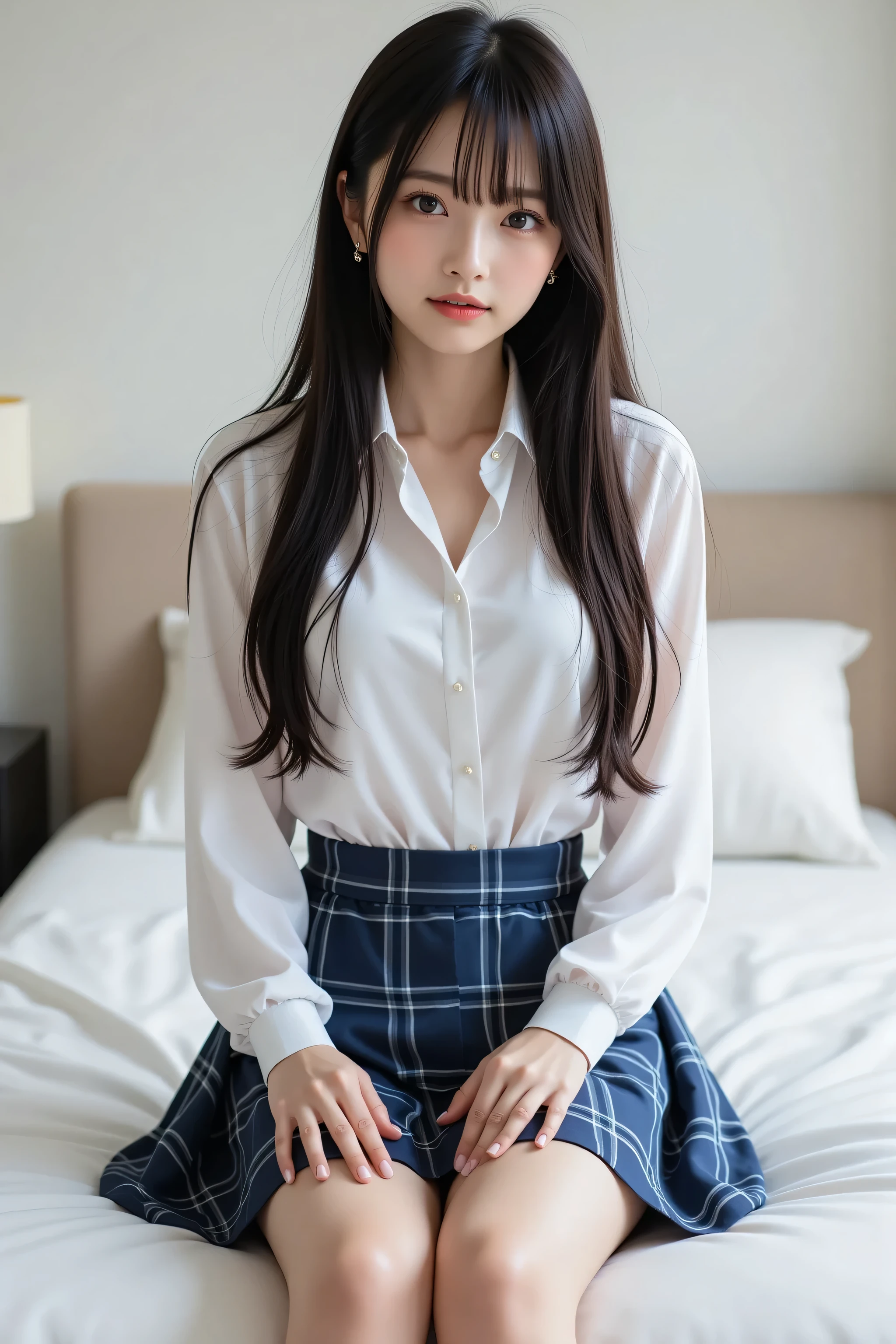 High resolution、High resolution、masterpiece、alone、Natural body shape、White skin、Natural Makeup、Black Hair、bangs、Straight Long Hair、(barefoot、White blouse、blue plaid pleated skirt)、、(Spread your legs:1.3)、((The upper body is wearing a uniform))、(((((Looking into the camera)))))、(((whole body)))、(((Exposing your thighs)))、Bedroom、On the bed、Sitting
