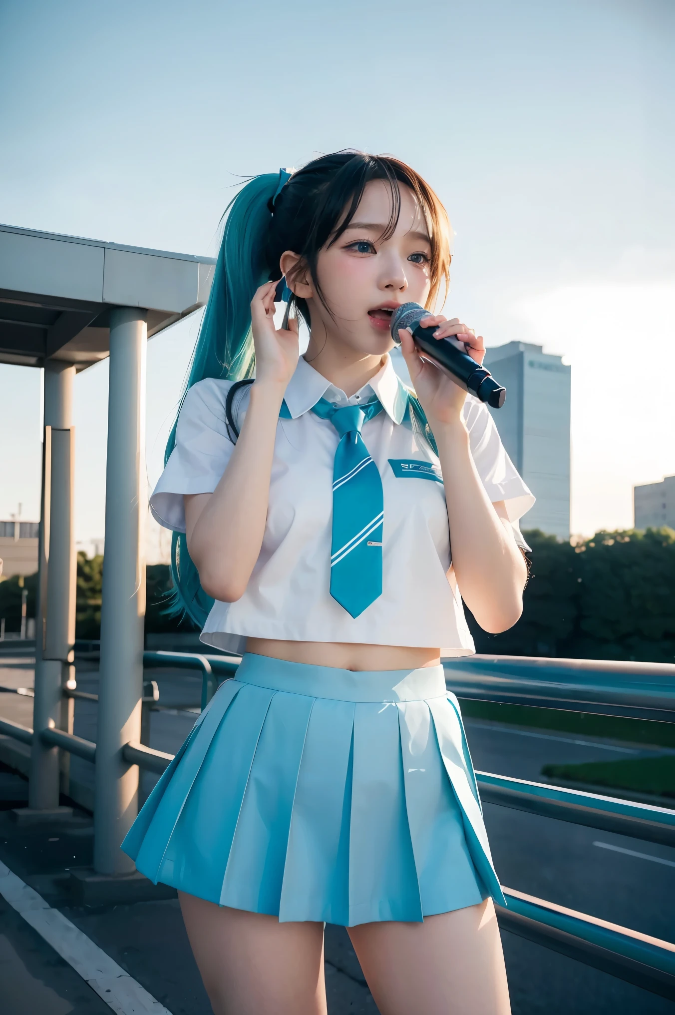 gorgeous, masterpiece, best quality, landscape, highres,4k, wallpaper, Masterpiece, Best Quality, High Quality, anime, hatsune miku, school uniform, singing, mic