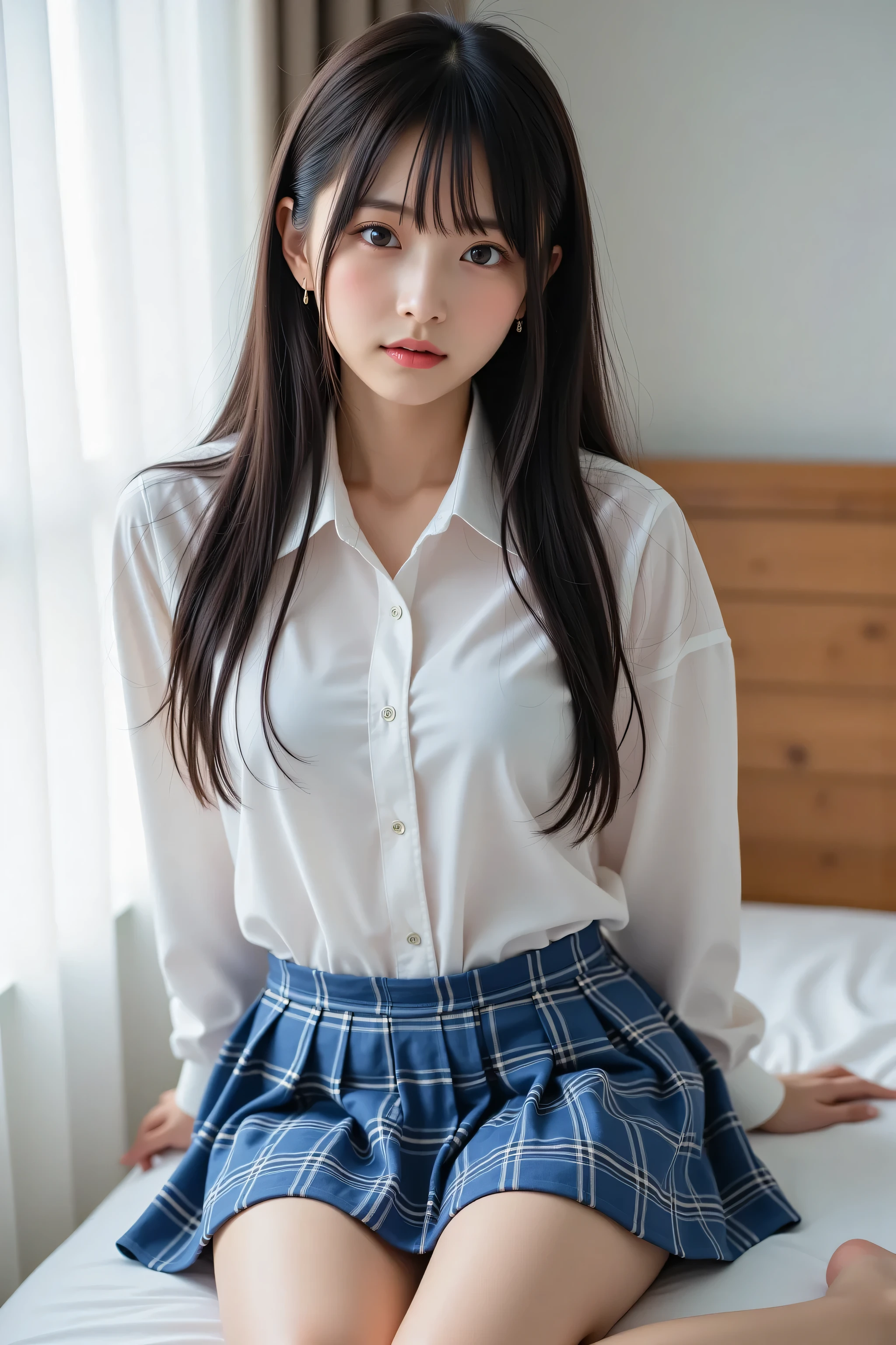 alone、natural body shape、 white skin、 natural cosmetic 、 black hair、bangs、 long straight hair、、(expensive 、bare feet、 white blouse 、 blue plaid pleated skirt covering white pants)、、( opens her legs:1.3)、(( is in uniform on her upper body ))、((((( camera )))))、(((full body)))、((( beautiful eyes with visible thighs )))、bedroom、 on the bed、 、(( focuses on the crotch))